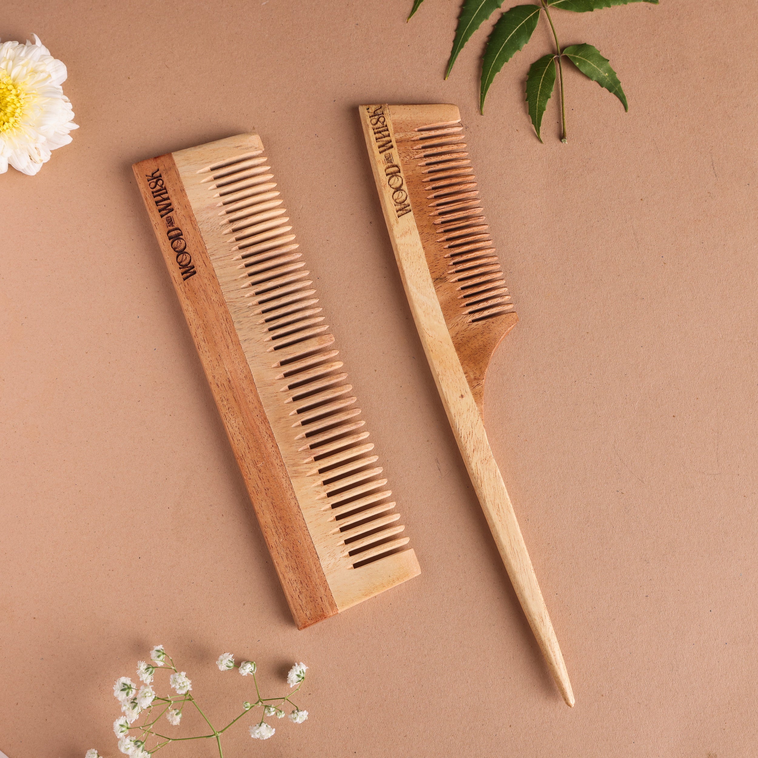 Neem Wood Comb Combo (Set of 2) – Dual Tooth & Pin Tail Comb for Dandruff-Free Scalp & Styling Precision