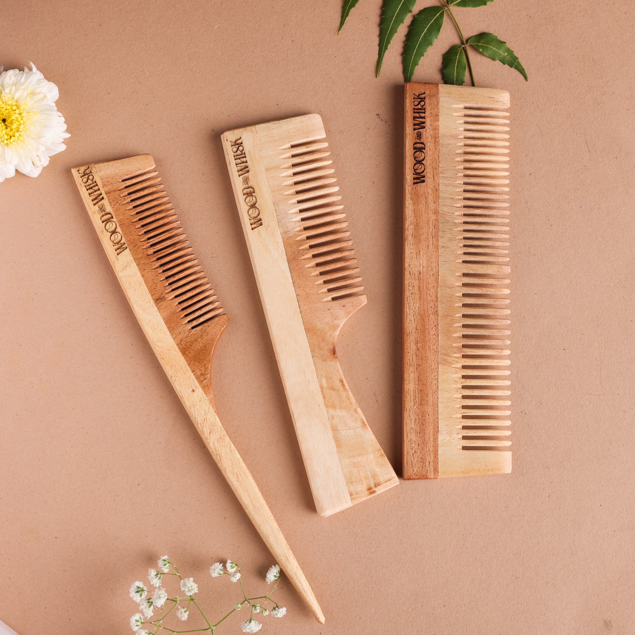 Neem Wood Comb Combo (Set of 3) – Dual Tooth, Handle & Pin Tail Combs for Healthy Hair