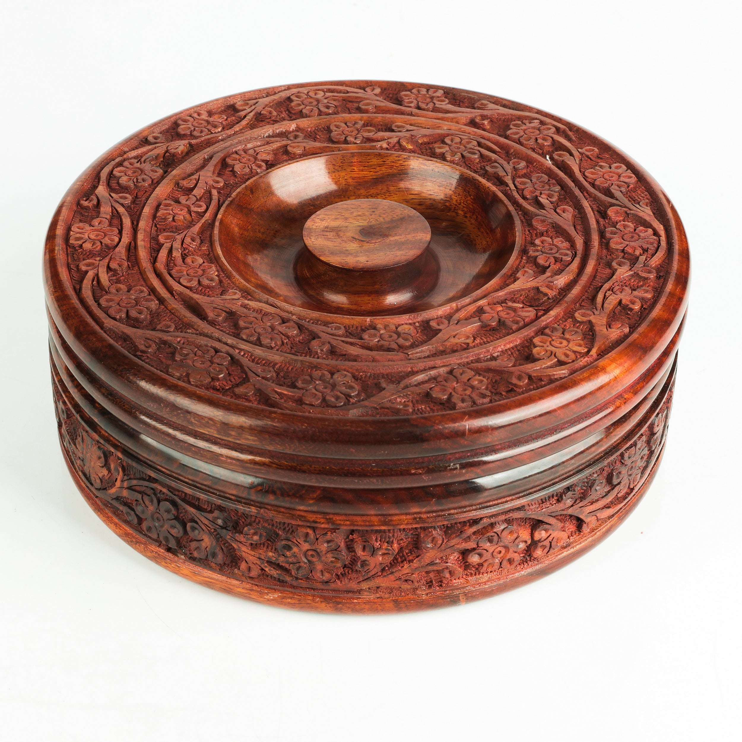 Handcrafted Sheesham Wood Casserole Box with Lid – 1000ml | Artisan Round Wooden Storage Container