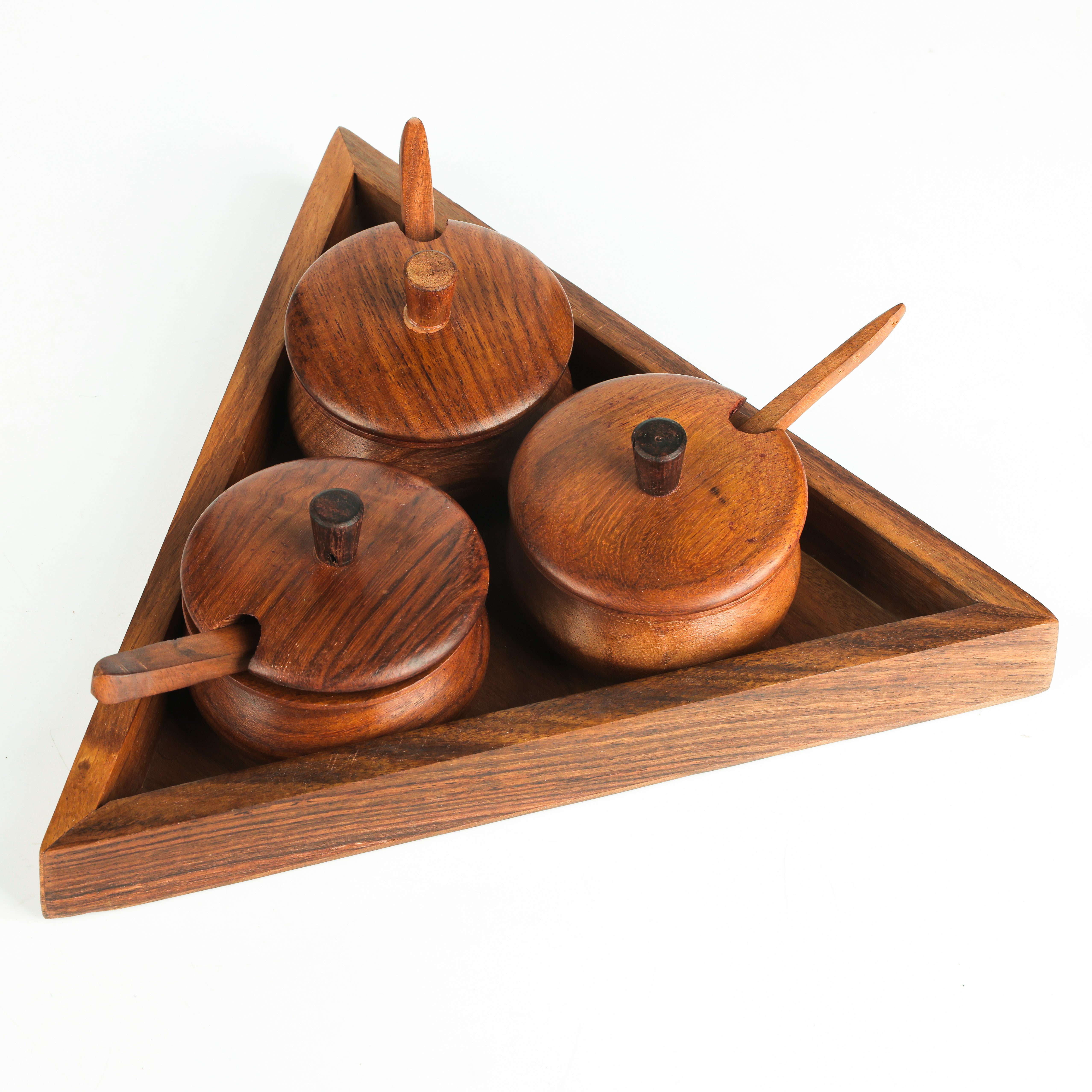 Handcrafted Wooden Spice Box Set with Triangle Tray – 3 Jar Masala Organizer with Lid & Spoon