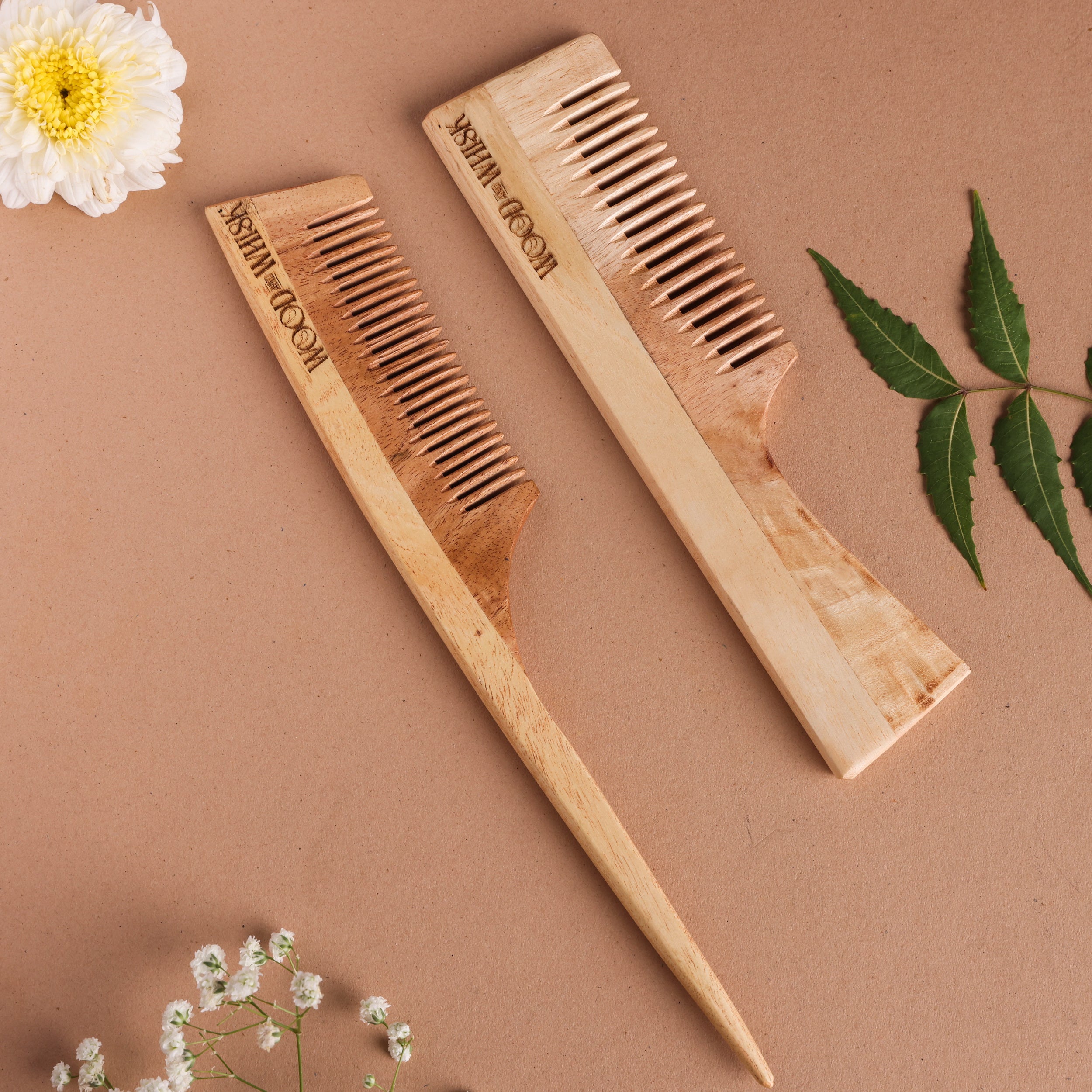 Neem Wood Comb Combo (Set of 2) – Handle Comb & Pin Tail Comb for Hair Growth & Precise Styling