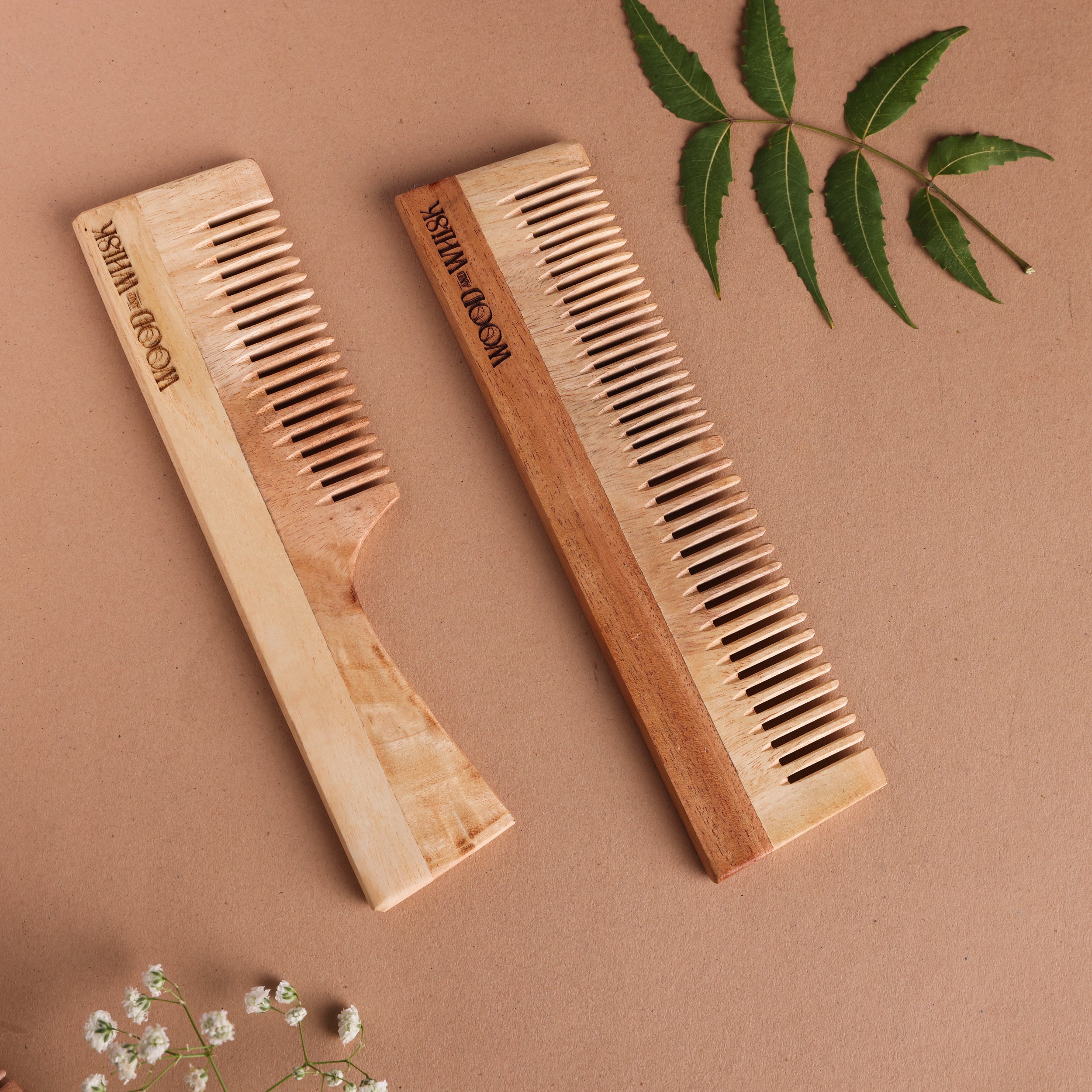 Neem Wood Comb Combo (Set of 2) – Dual Tooth & Handle Comb | Anti-Frizz & Scalp-Friendly
