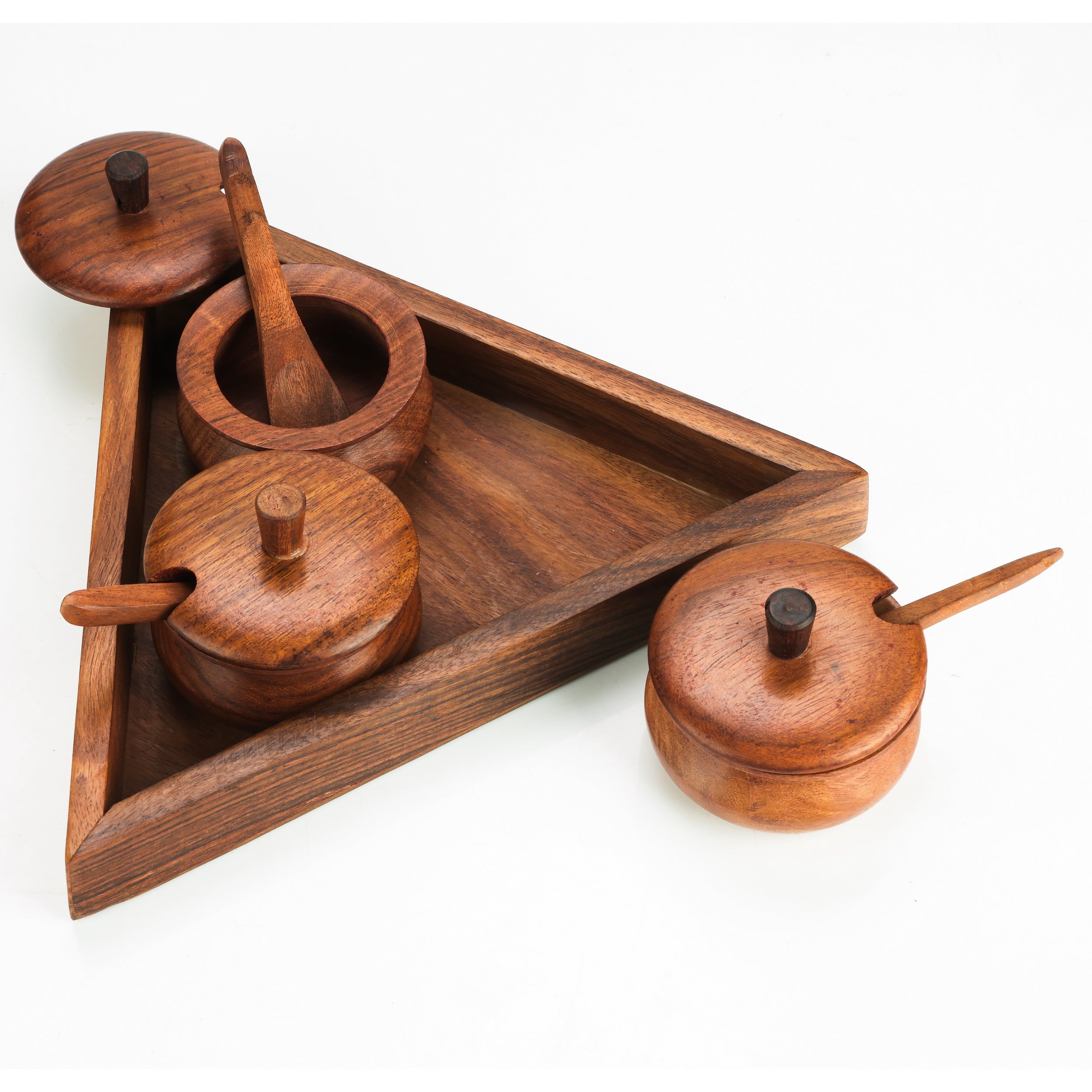 Handcrafted Wooden Spice Box Set with Triangle Tray – 3 Jar Masala Organizer with Lid & Spoon