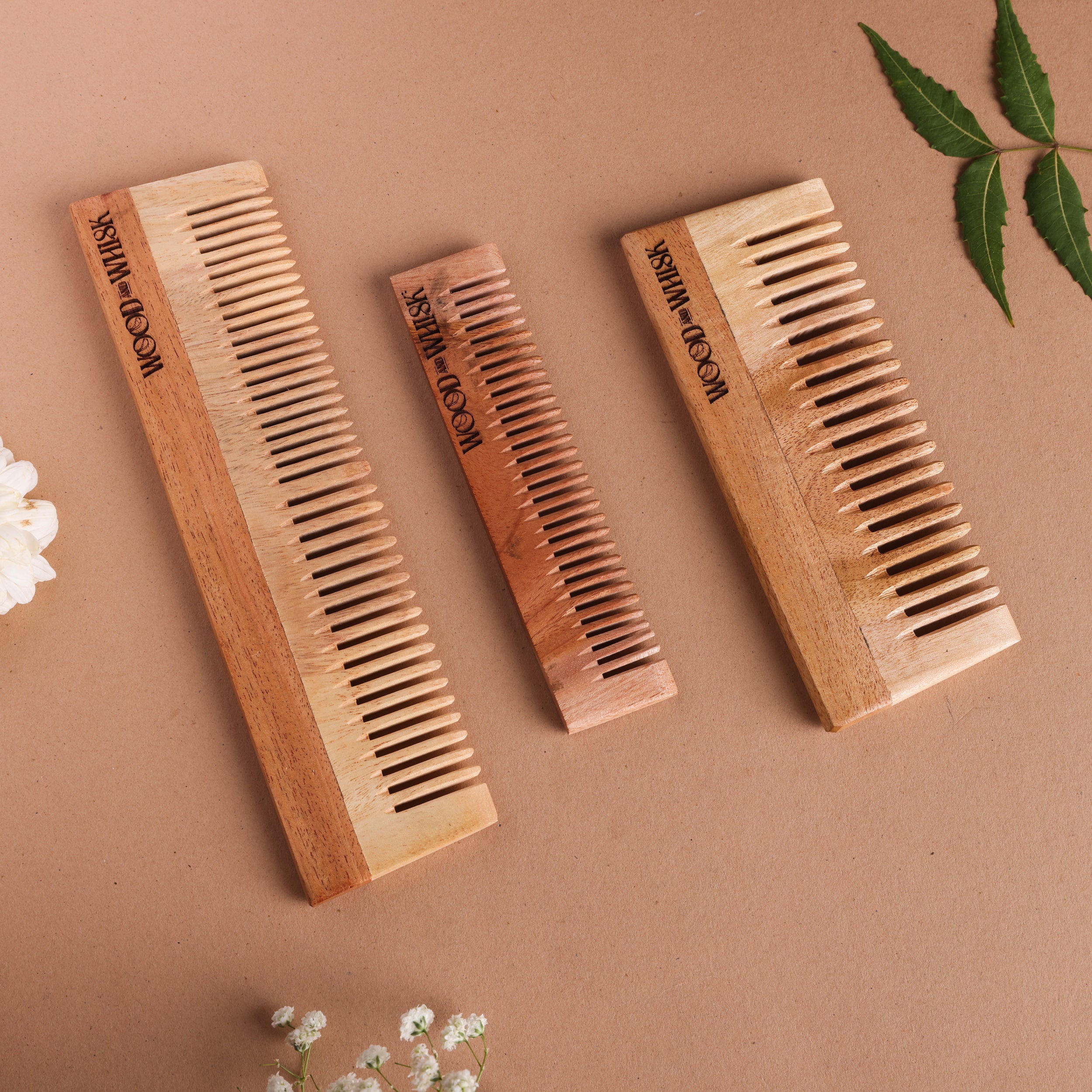 Neem Wood Hair Comb Trio (Set of 3) – Dual Tooth, Pocket & Shampoo Comb