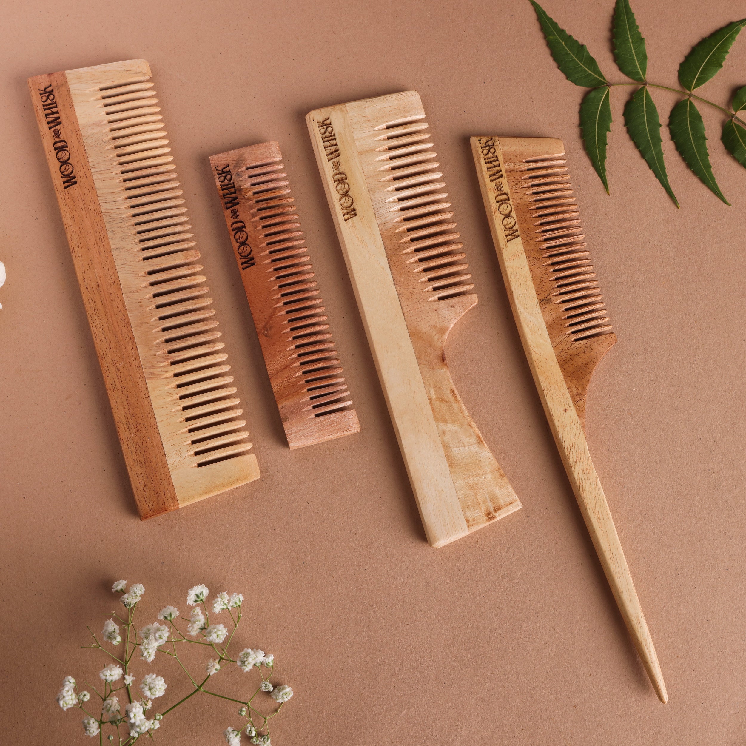 Neem Wood Hair Comb Combo (Set of 4) – Handle, Dual Tooth, Pocket & Pin Tail Combs for Natural Hair Care
