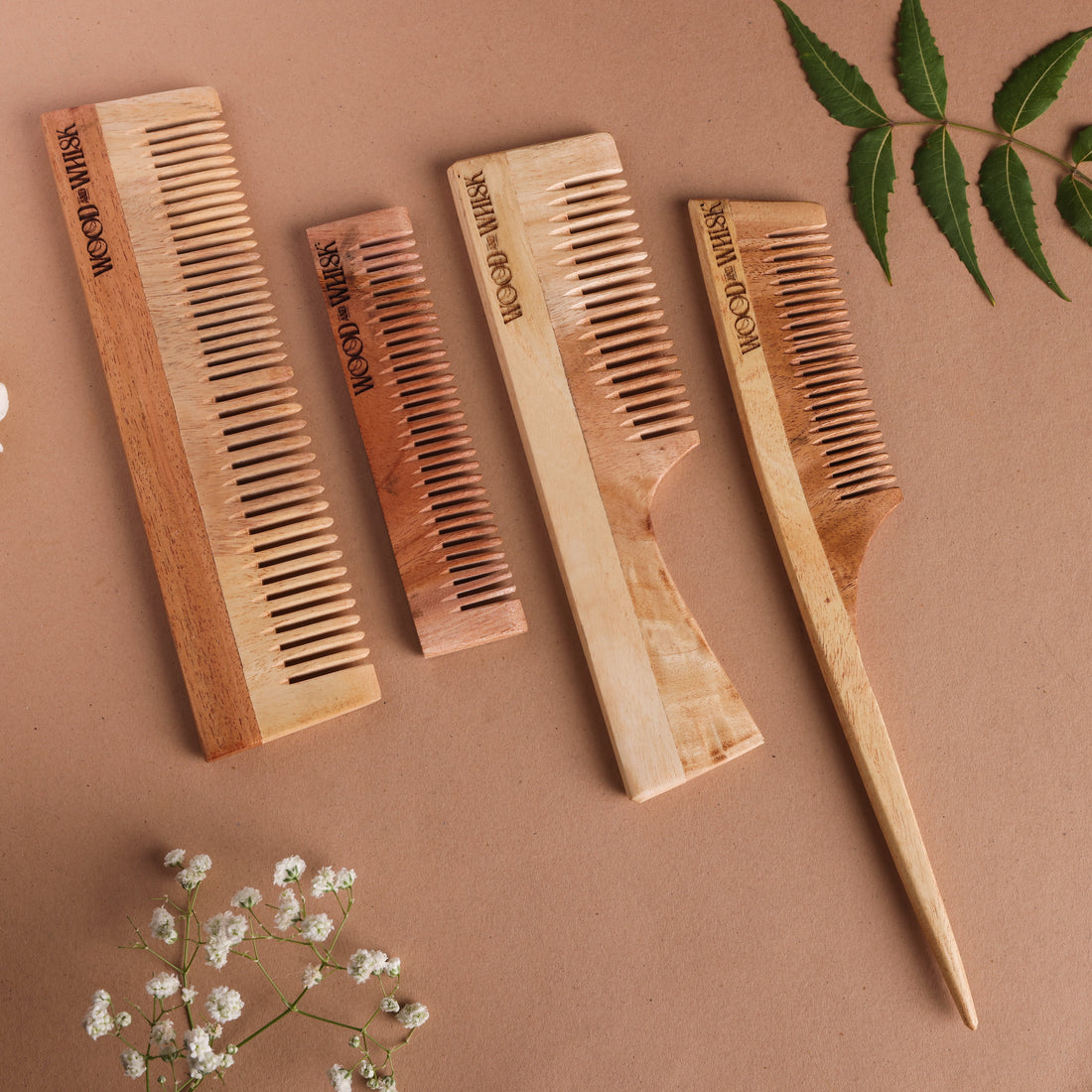 Neem Wood Hair Comb Combo (Set of 4) – Handle, Dual Tooth, Pocket & Pin Tail Combs for Natural Hair Care