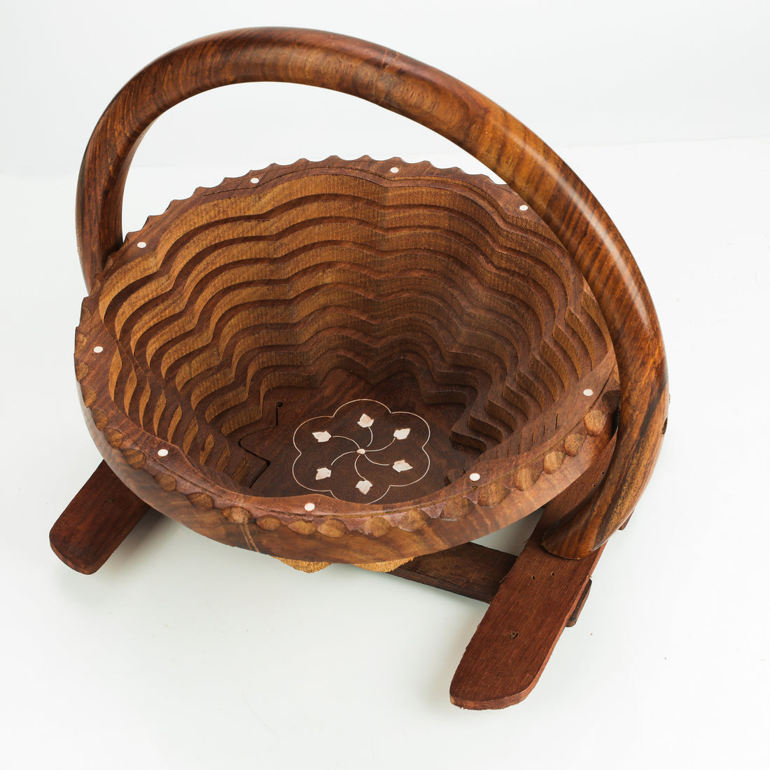 Handcrafted Sheesham Wood Foldable Fruit Basket with Handle – 12 Inch Round