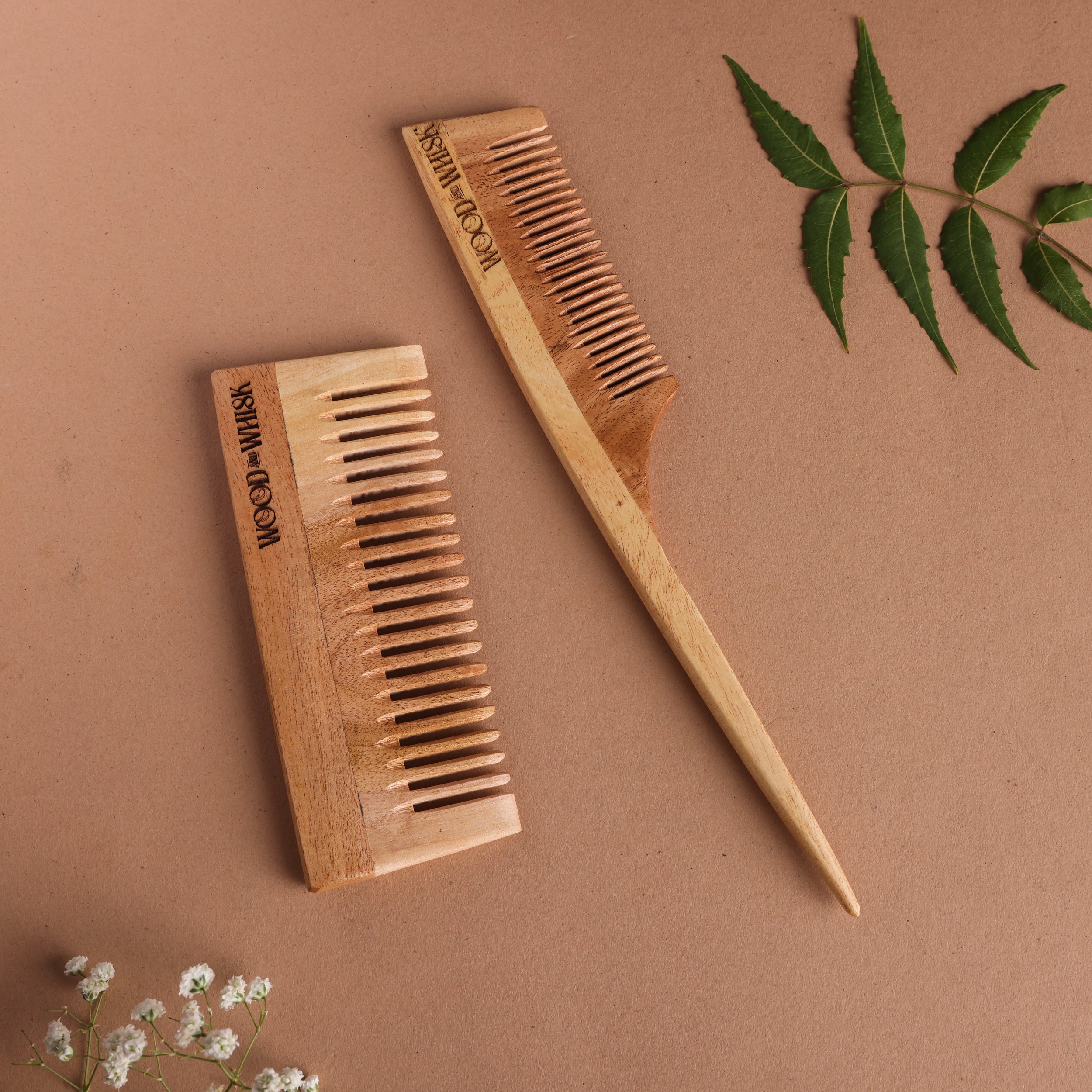Neem Wood Comb Combo (Set of 2) – Shampoo Comb & Pin Tail Comb for Hair Growth & Styling