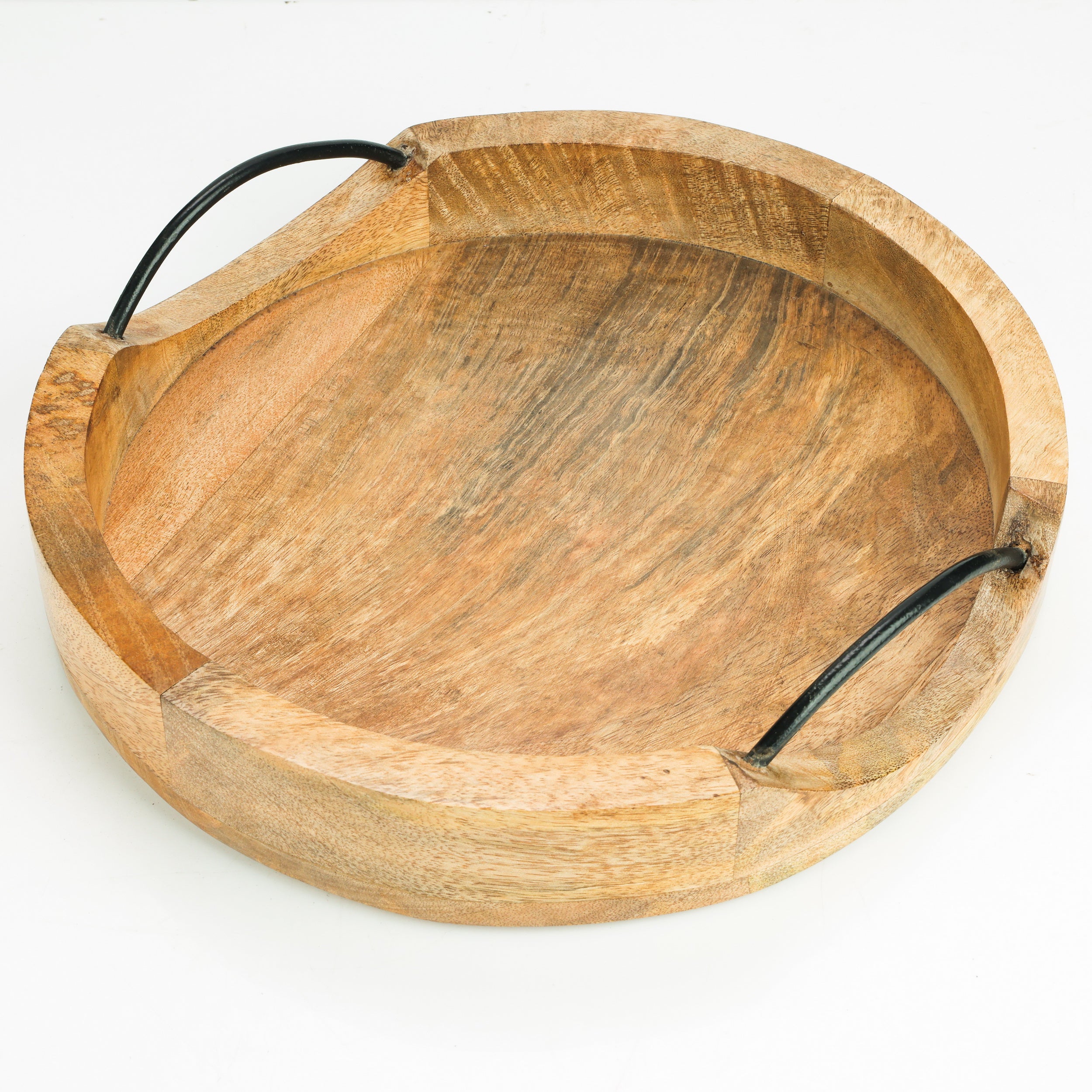 Handcrafted Round Mango Wood Serving Tray with Iron Handles – 12-Inch Natural Finish