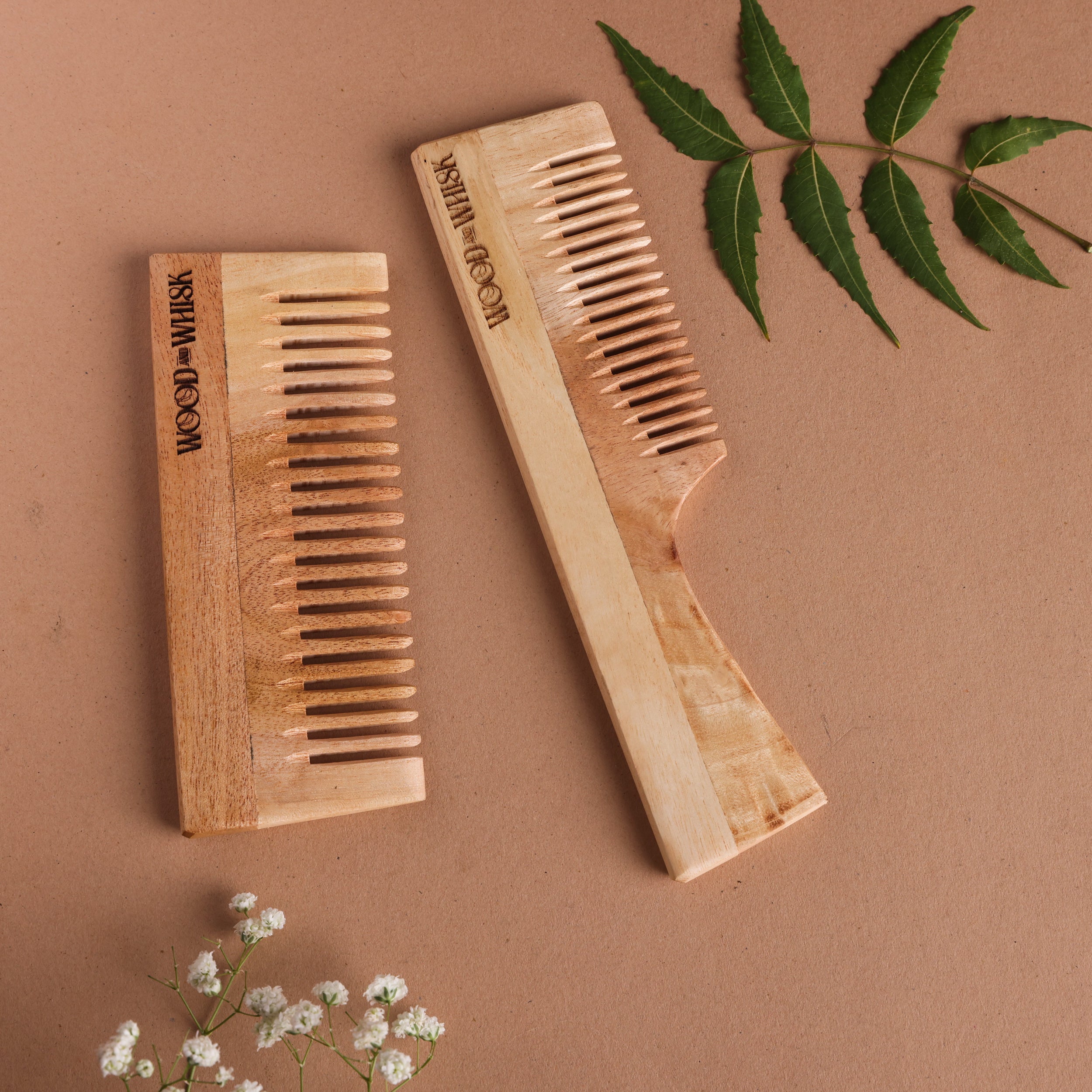 Neem Wood Comb Combo (Set of 2) – Shampoo Comb & Handle Comb for Hair Growth & Daily Detangling