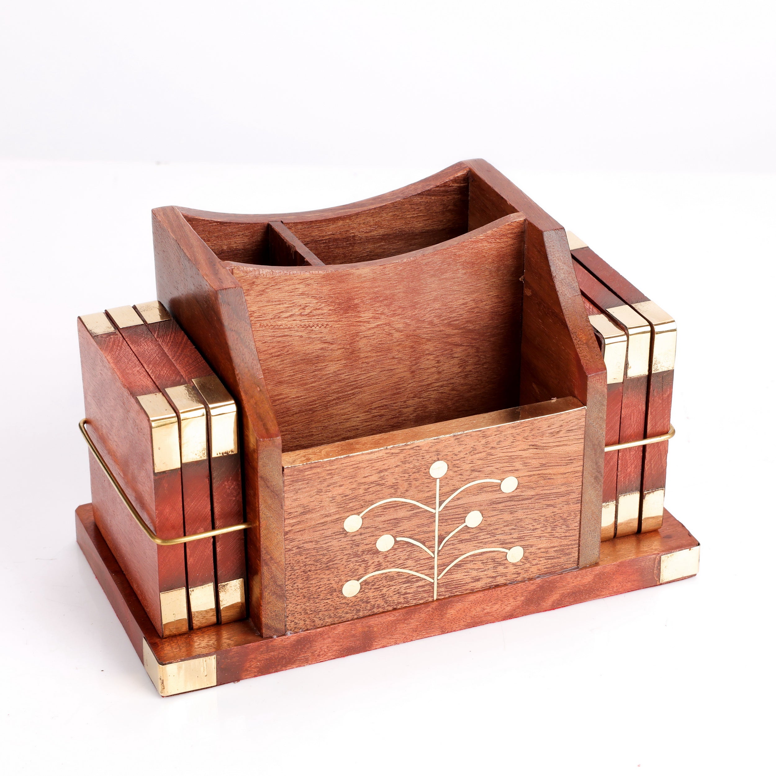 Handcrafted Sheesham Wood Coaster, Pen & Tissue Holder – Multifunctional Desk Organizer (9x9x16 cm)