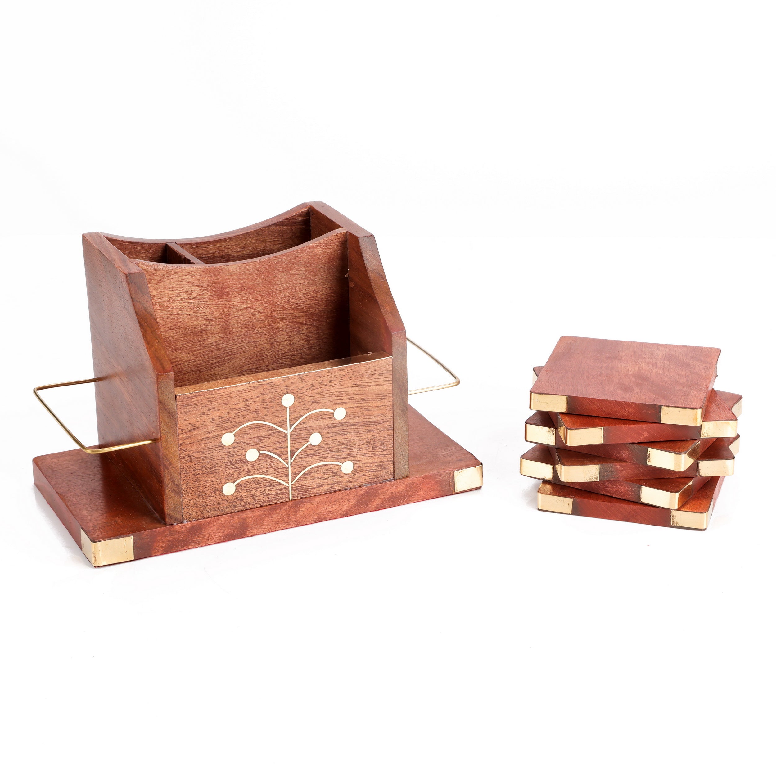 Handcrafted Sheesham Wood Coaster, Pen & Tissue Holder – Multifunctional Desk Organizer (9x9x16 cm)