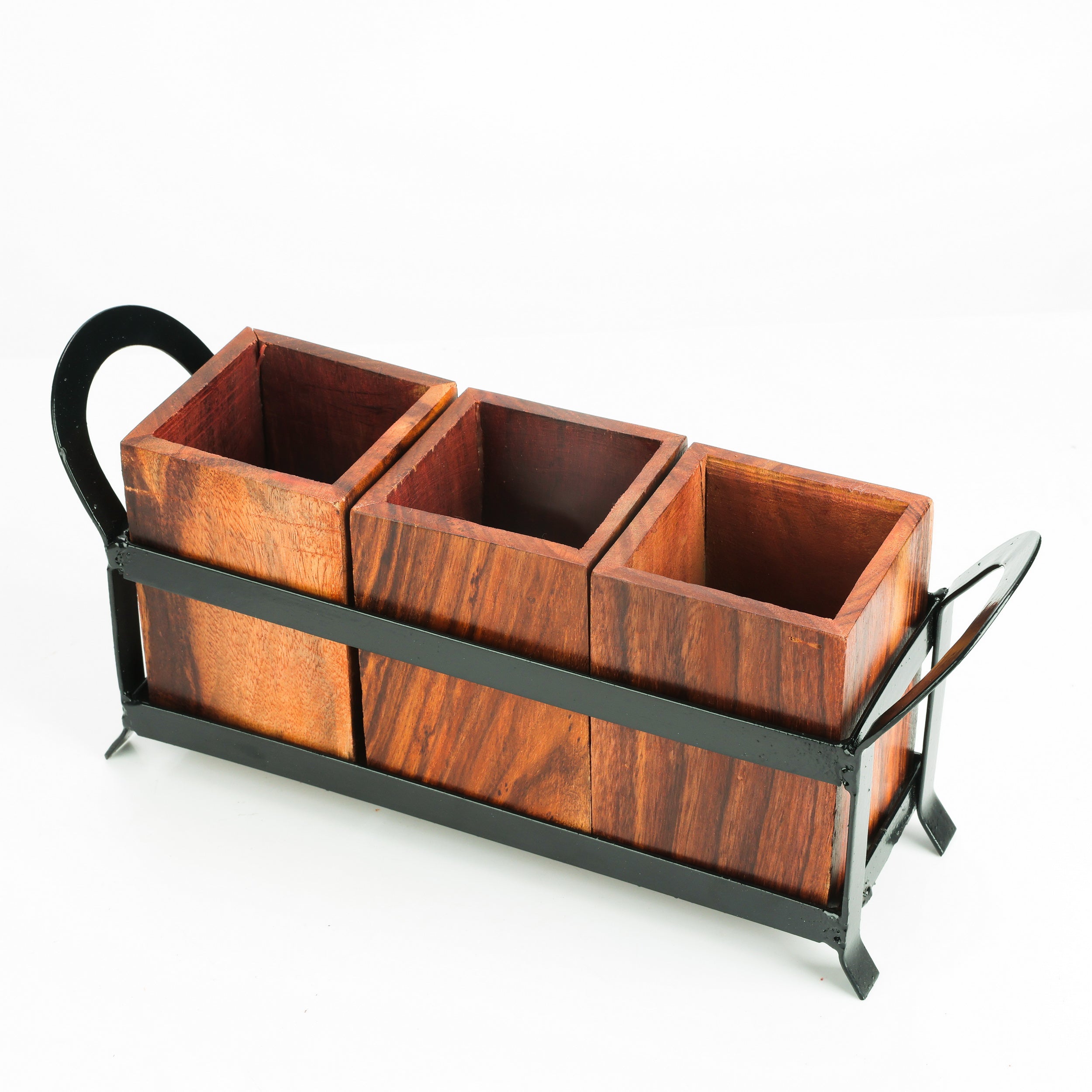 Premium Sheesham Wood Cutlery Holder with 3 Partitions & Wrought Iron Stand – 10x6 Inches