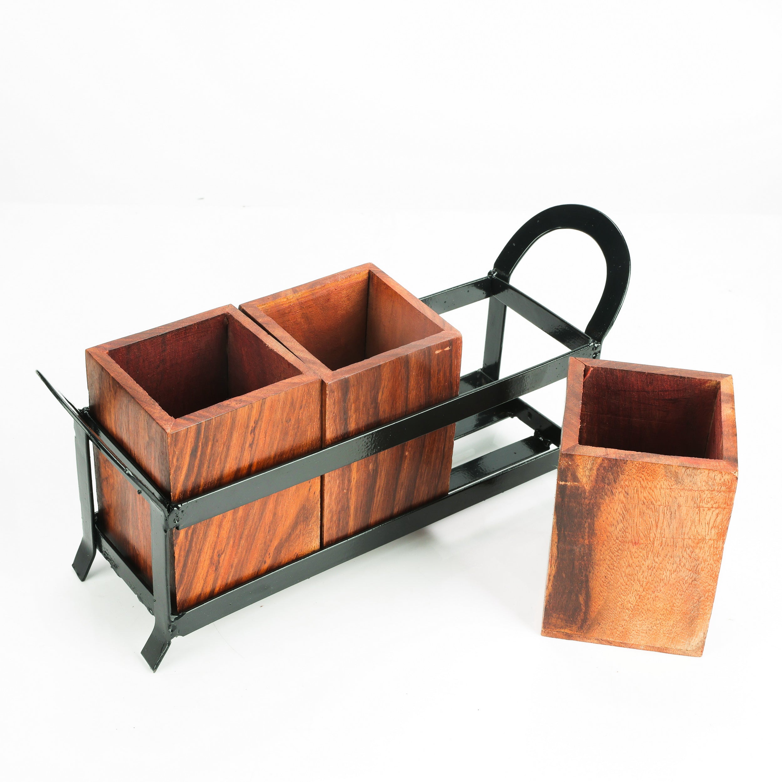 Premium Sheesham Wood Cutlery Holder with 3 Partitions & Wrought Iron Stand – 10x6 Inches