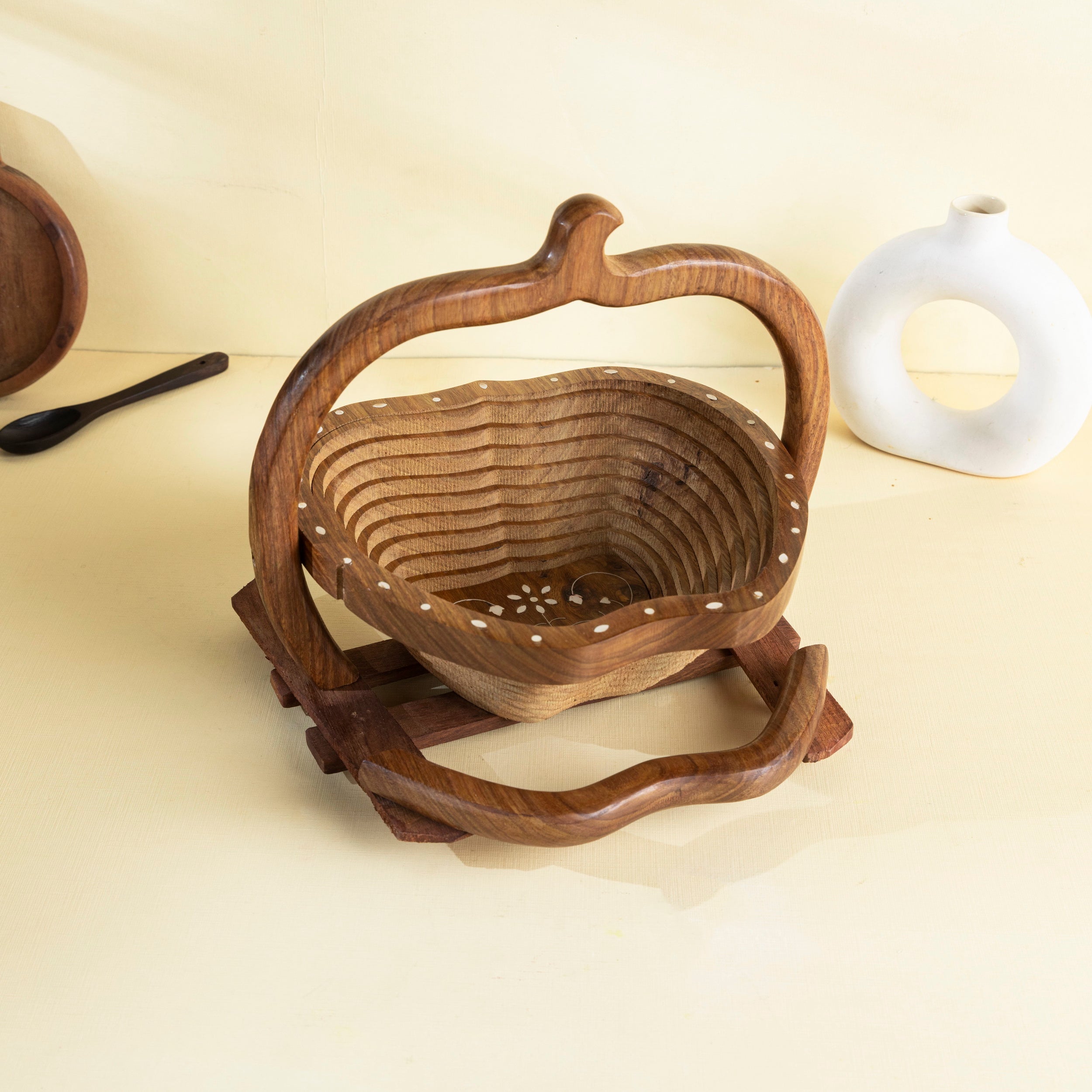 Handcrafted Wooden Fruit Basket in Apple Shape with Handle