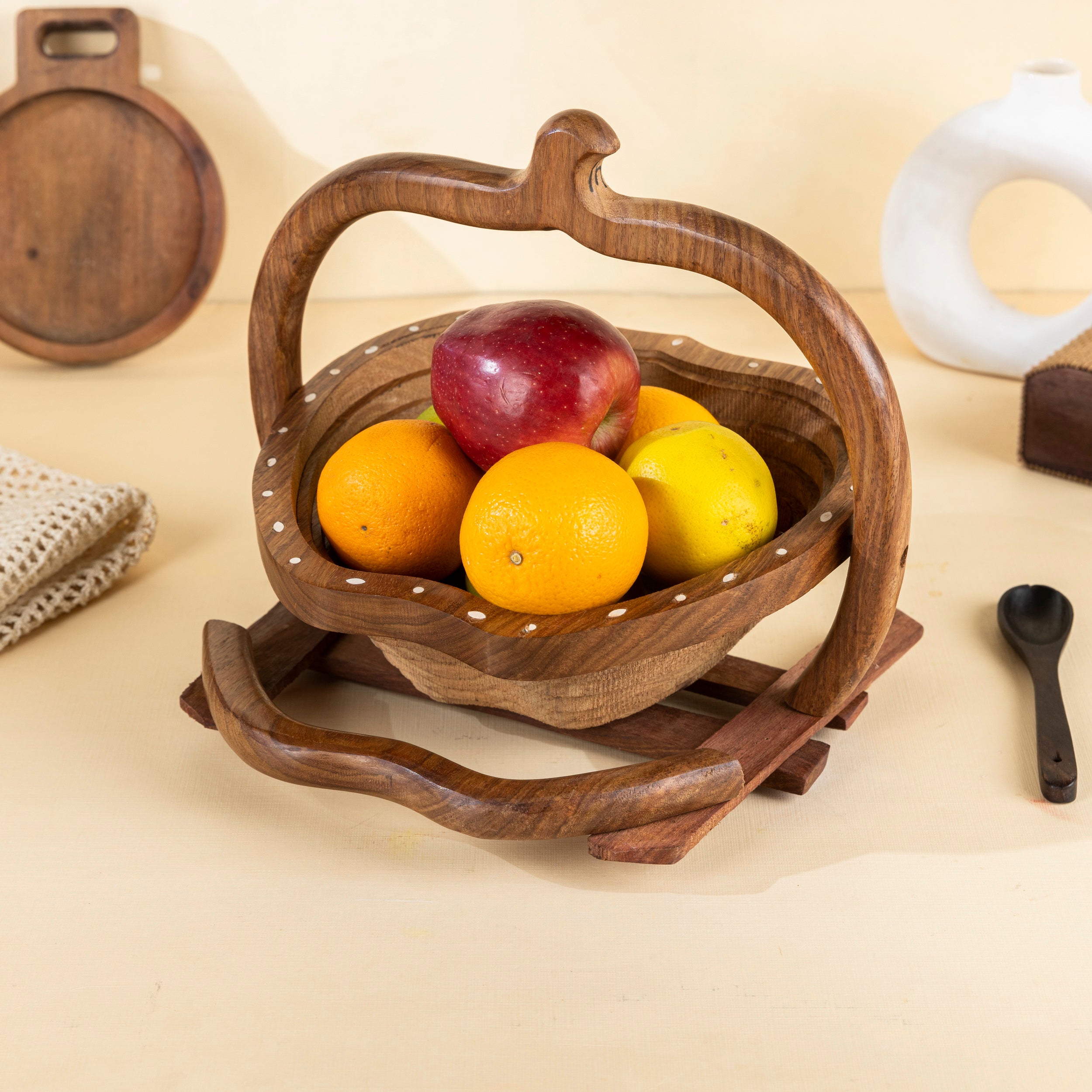 Handcrafted Wooden Fruit Basket in Apple Shape with Handle
