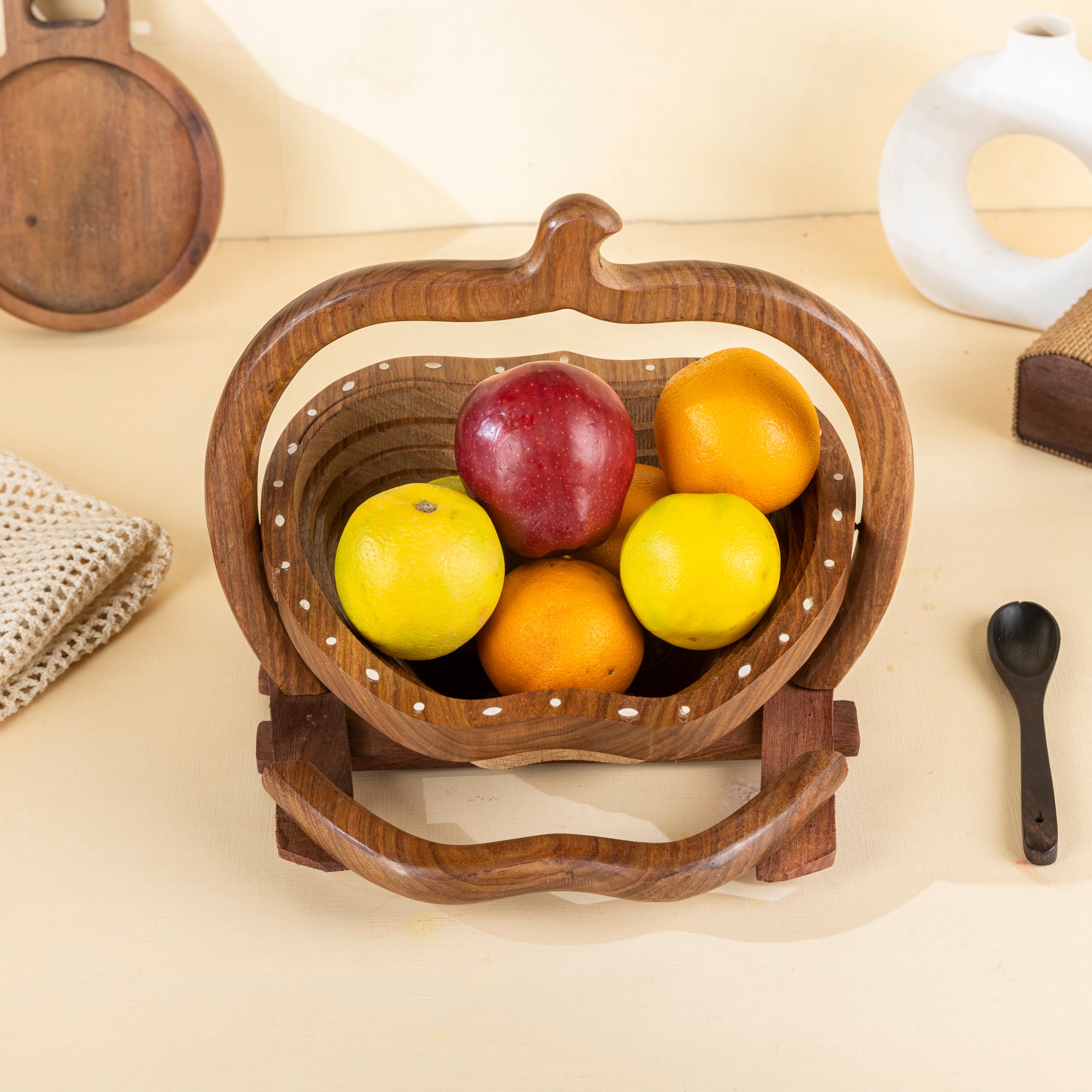 Handcrafted Wooden Fruit Basket in Apple Shape with Handle