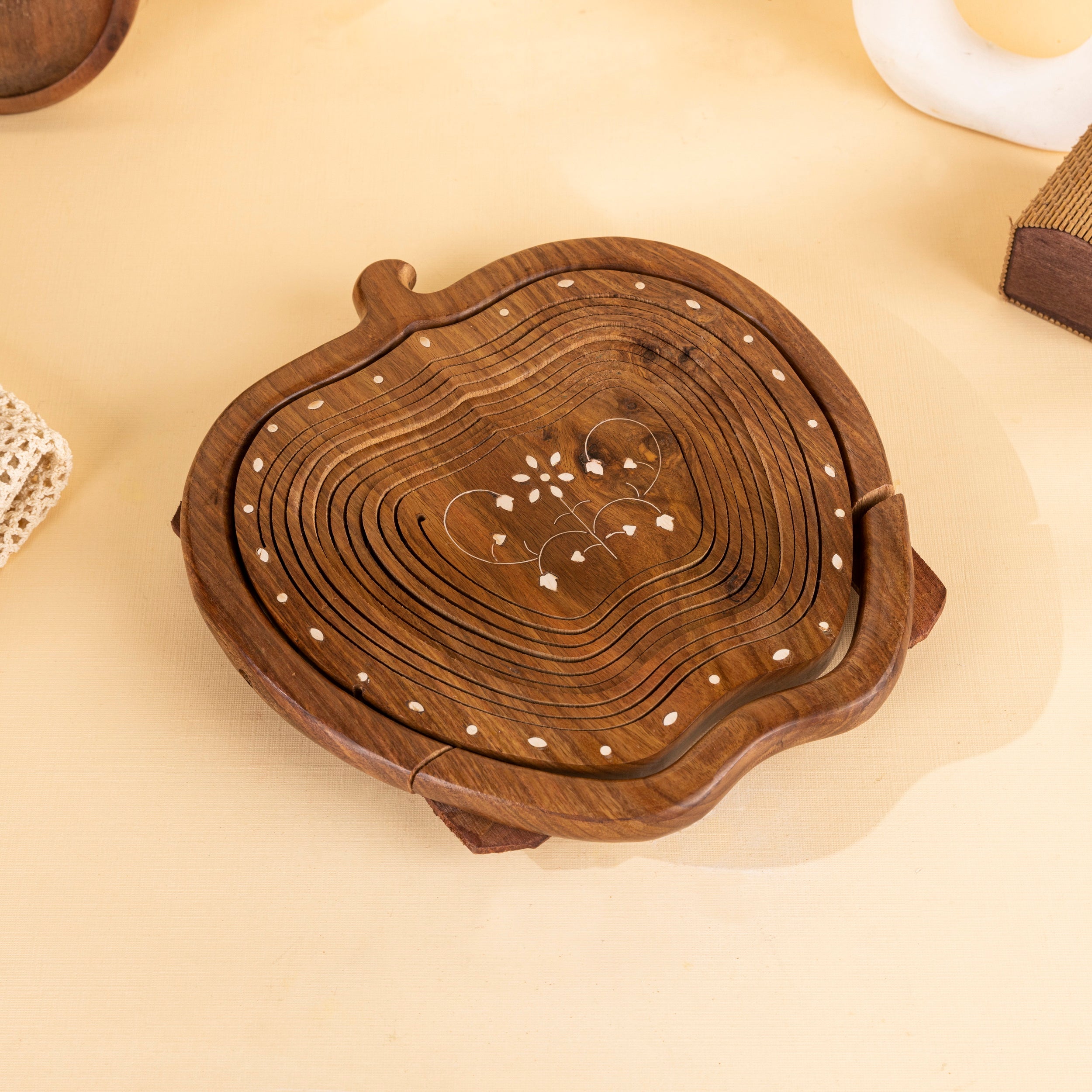 Handcrafted Wooden Fruit Basket in Apple Shape with Handle