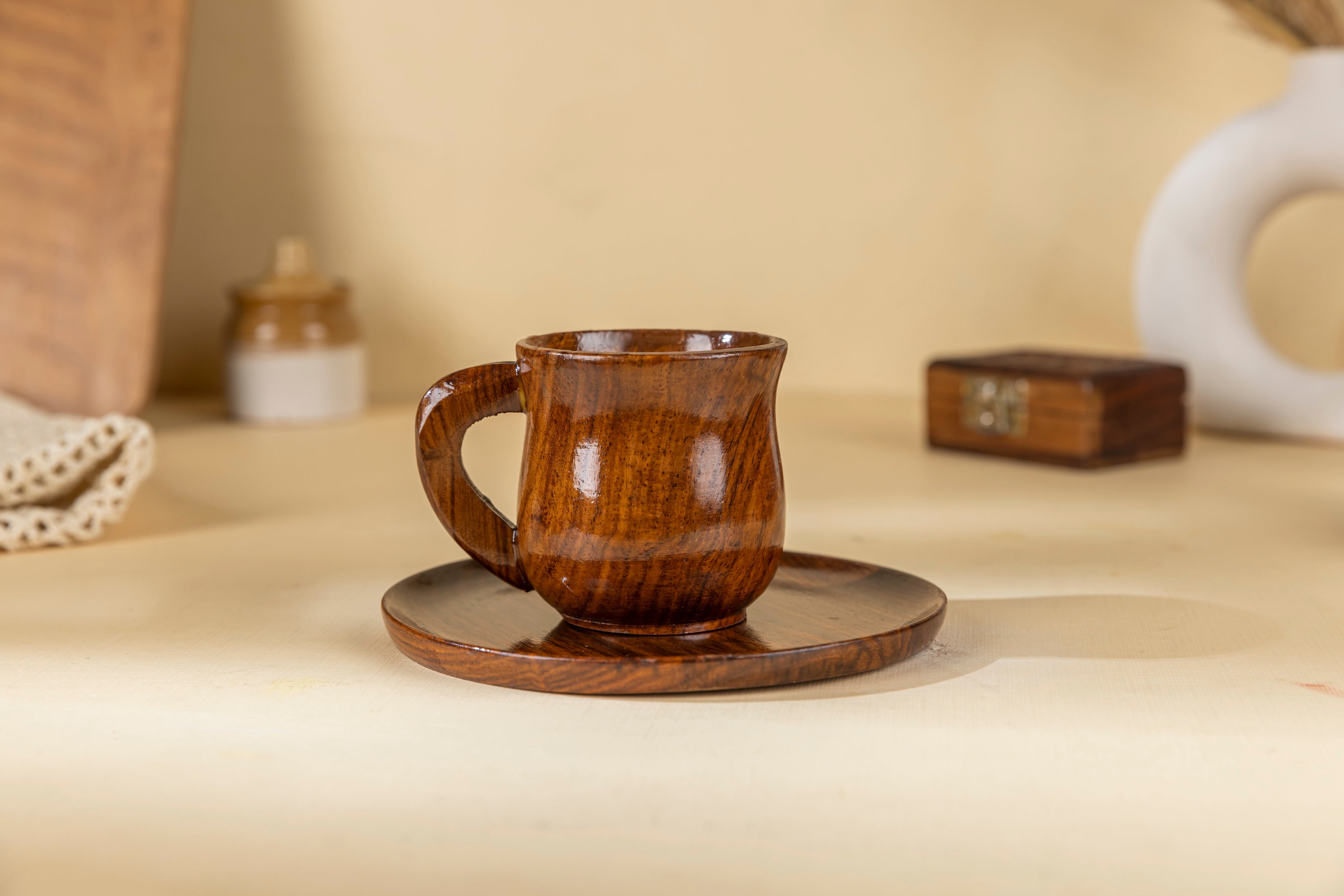 Handcrafted Sheesham Wood Tea Cup and Saucer Set – Rustic Brown Finish | Natural Wooden Drinkware