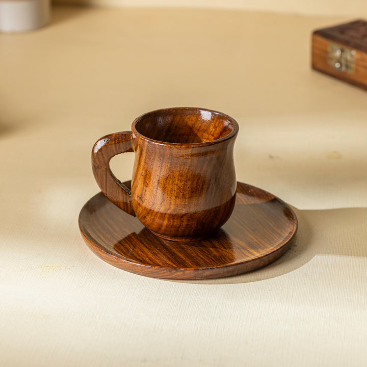 Handcrafted Sheesham Wood Tea Cup and Saucer Set – Rustic Brown Finish | Natural Wooden Drinkware