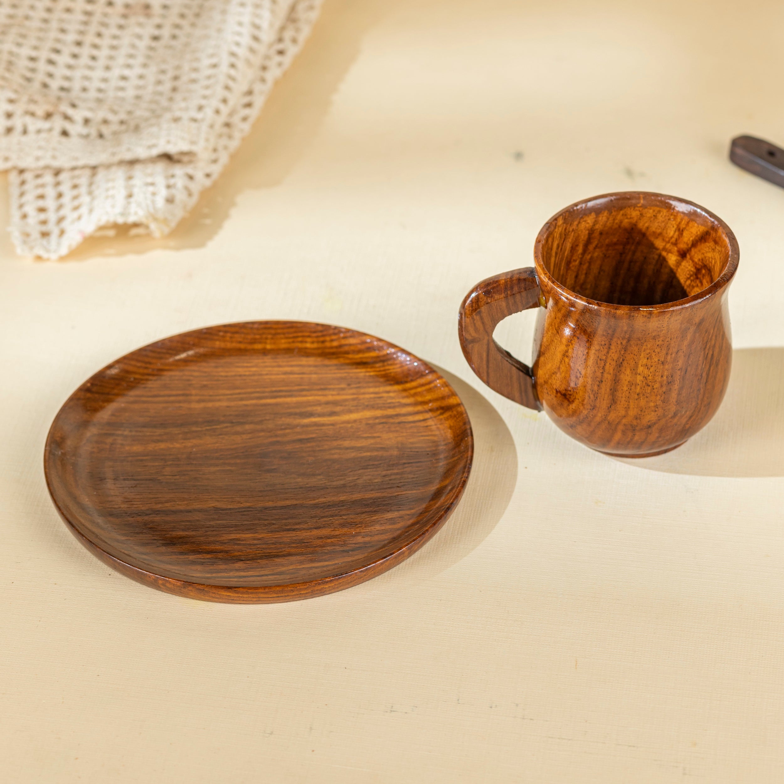 Handcrafted Sheesham Wood Tea Cup and Saucer Set – Rustic Brown Finish | Natural Wooden Drinkware