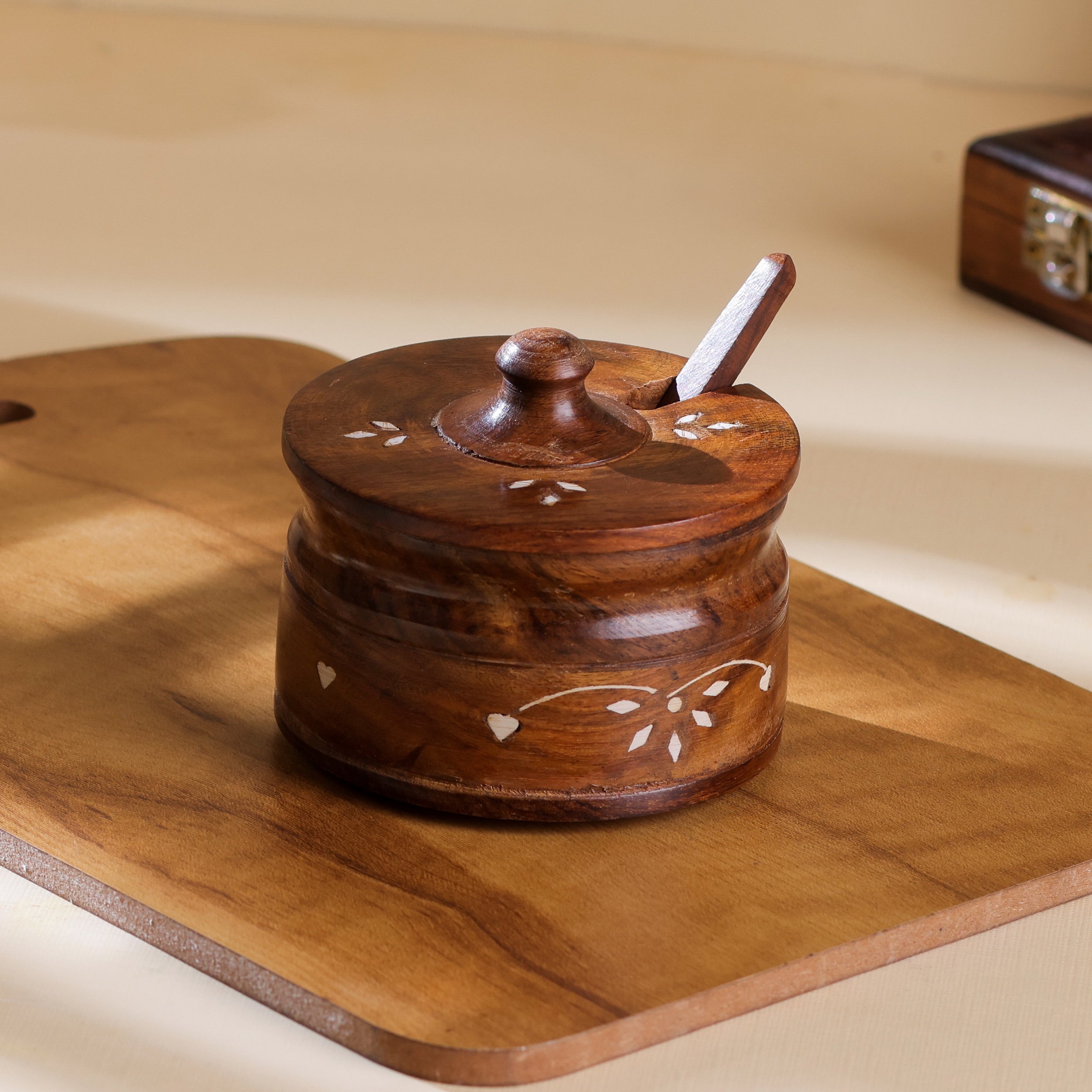Handcrafted Sheesham Wood Spice & Pickle Jar with Lid and Spoon – Multipurpose Storage Container