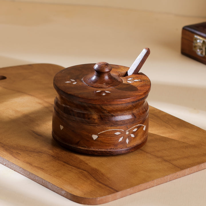 Handcrafted Sheesham Wood Spice & Pickle Jar with Lid and Spoon – Multipurpose Storage Container