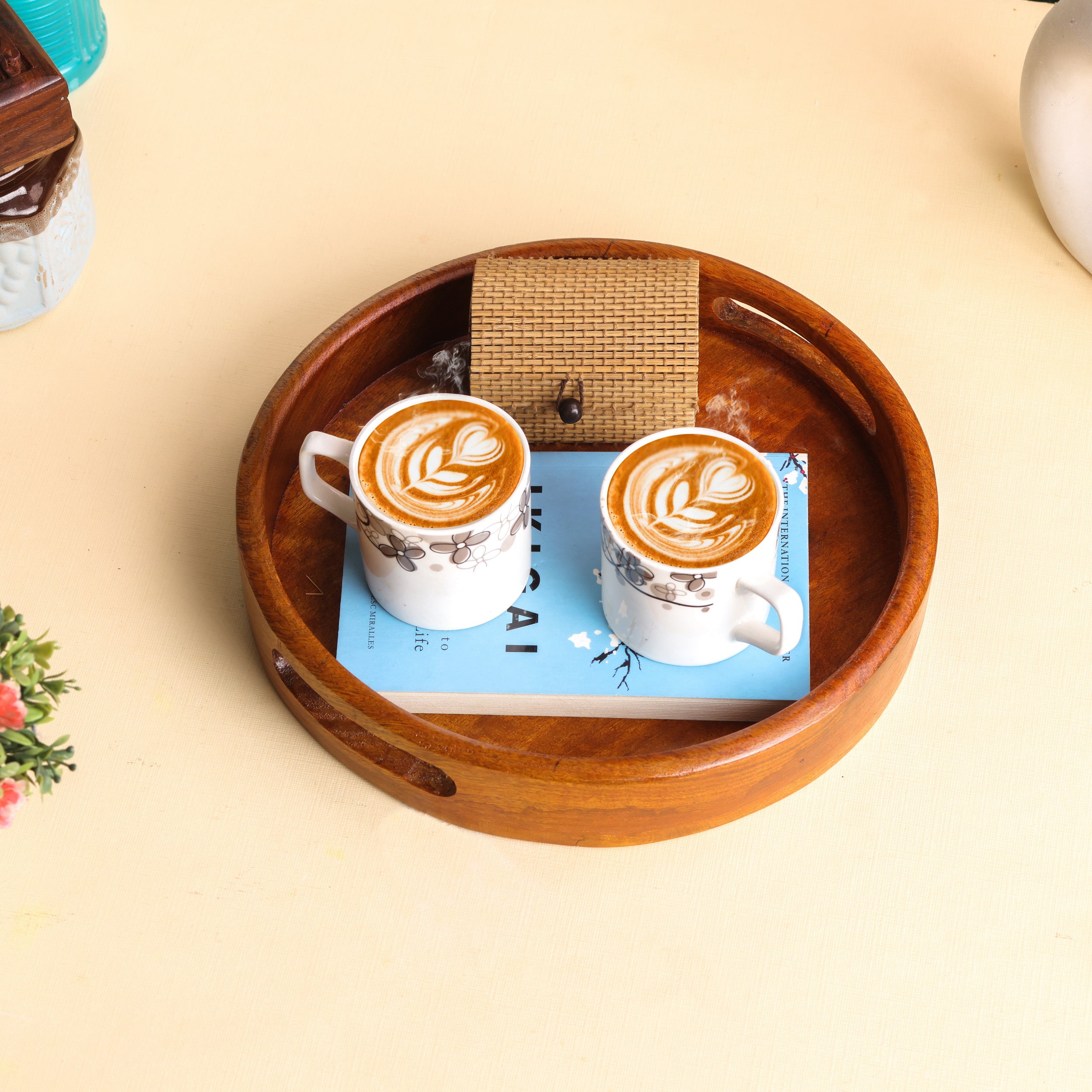 Handcrafted Round Mango Wood Serving Tray – 10 Inch | Natural Finish Wooden Platter for Home & Kitchen Décor