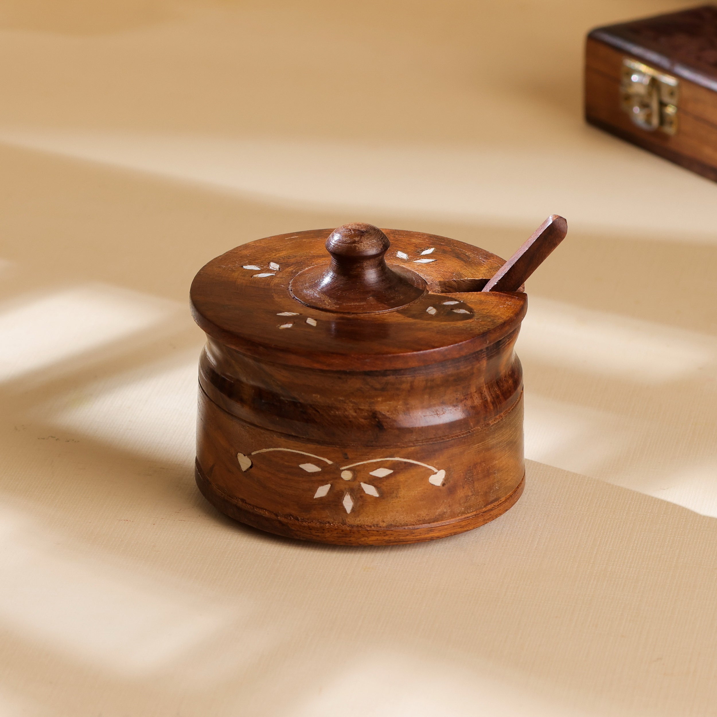 Handcrafted Sheesham Wood Spice & Pickle Jar with Lid and Spoon – Multipurpose Storage Container