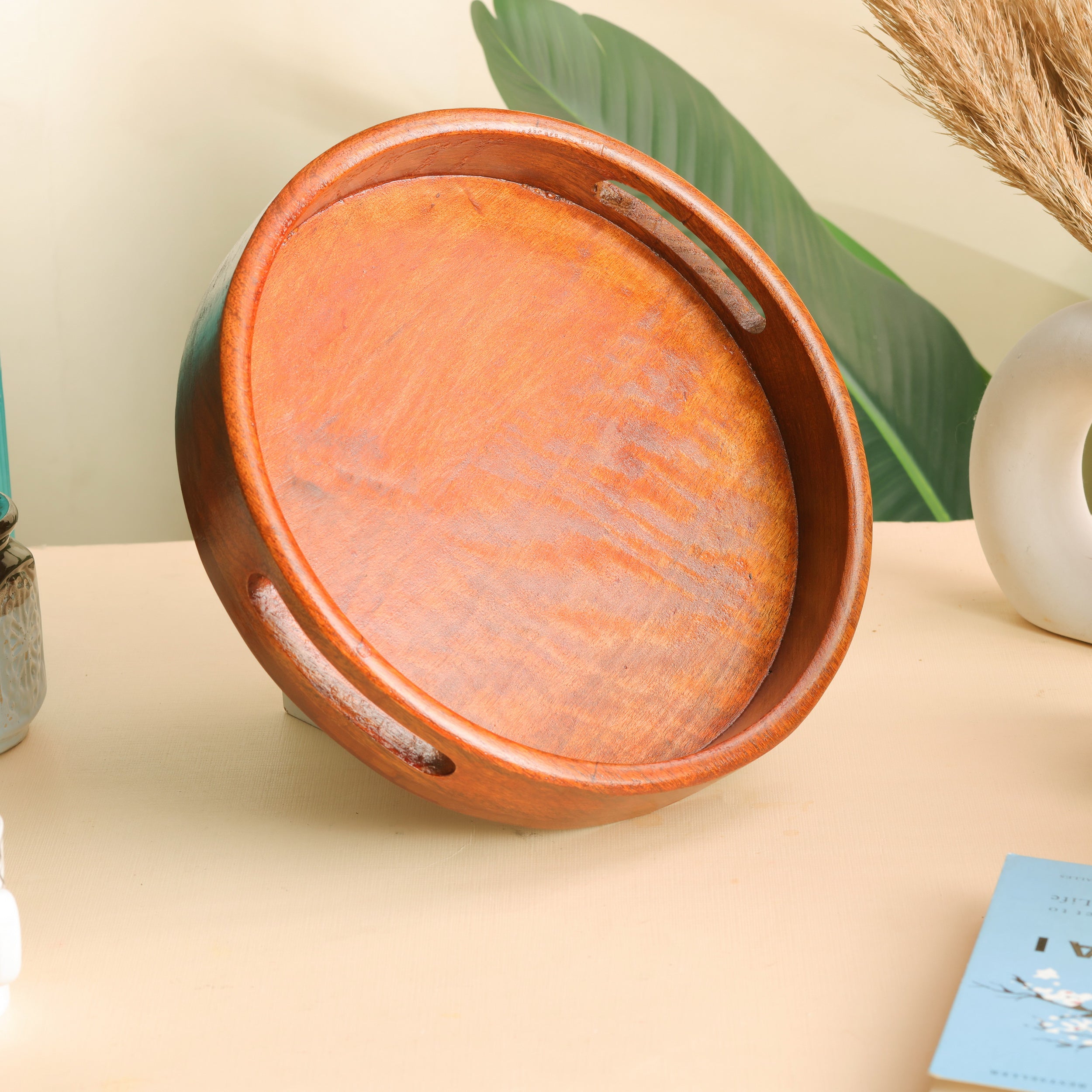 Handcrafted Round Mango Wood Serving Tray – 10 Inch | Natural Finish Wooden Platter for Home & Kitchen Décor