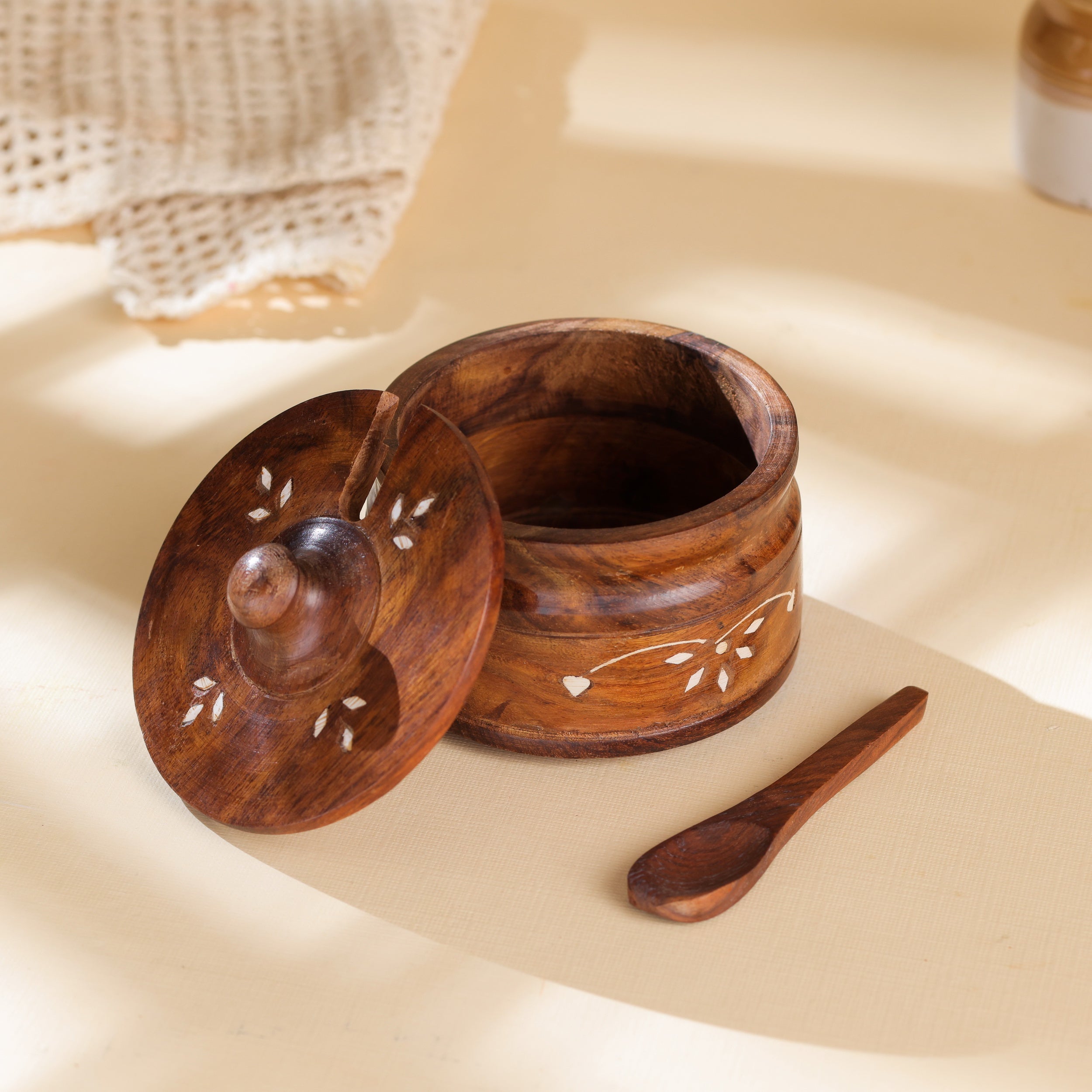 Handcrafted Sheesham Wood Spice & Pickle Jar with Lid and Spoon – Multipurpose Storage Container