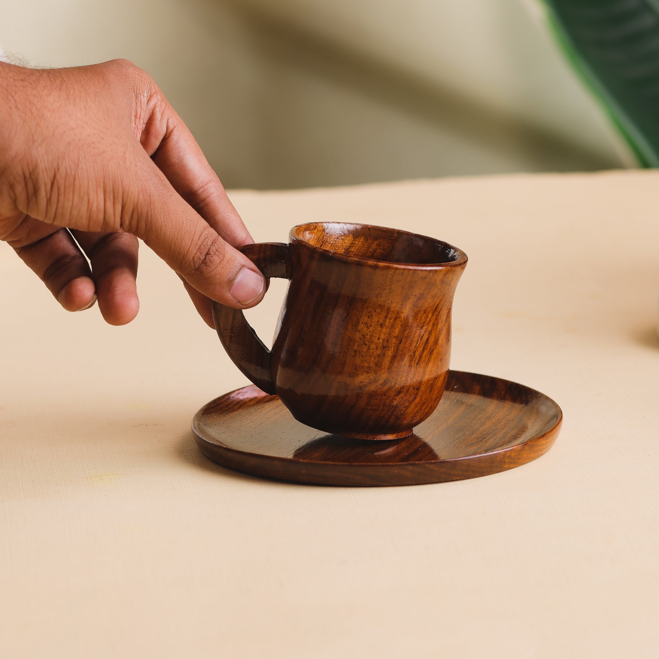 Handcrafted Sheesham Wood Tea Cup and Saucer Set – Rustic Brown Finish | Natural Wooden Drinkware