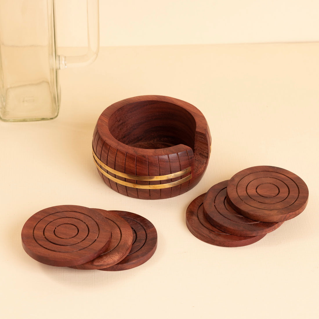 Sheesham Wood Coaster Set with Barrel-Style Holder – 6 Round Drink Coasters | Handcrafted & Water-Resistant