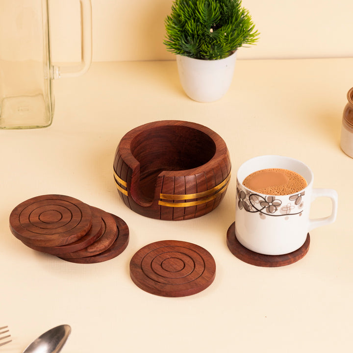 Sheesham Wood Coaster Set with Barrel-Style Holder – 6 Round Drink Coasters | Handcrafted & Water-Resistant