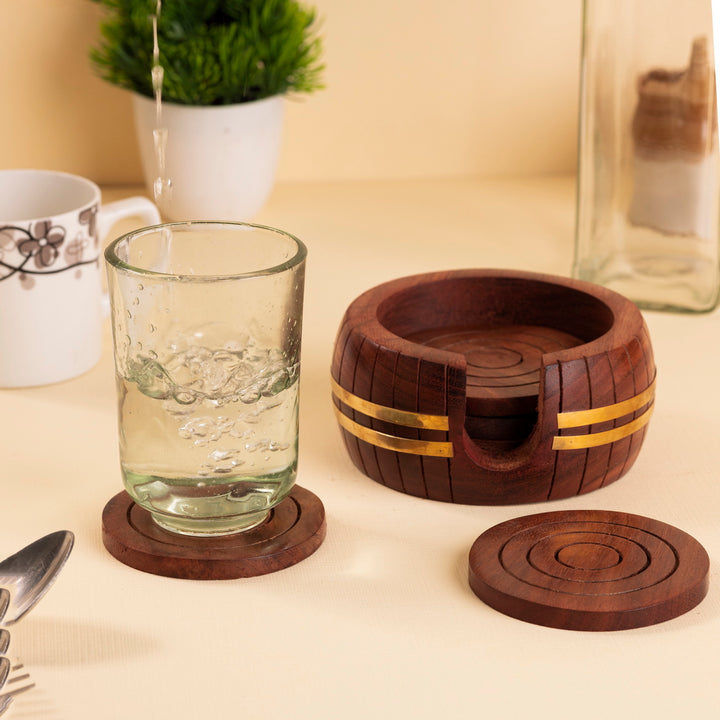 Sheesham Wood Coaster Set with Barrel-Style Holder – 6 Round Drink Coasters | Handcrafted & Water-Resistant
