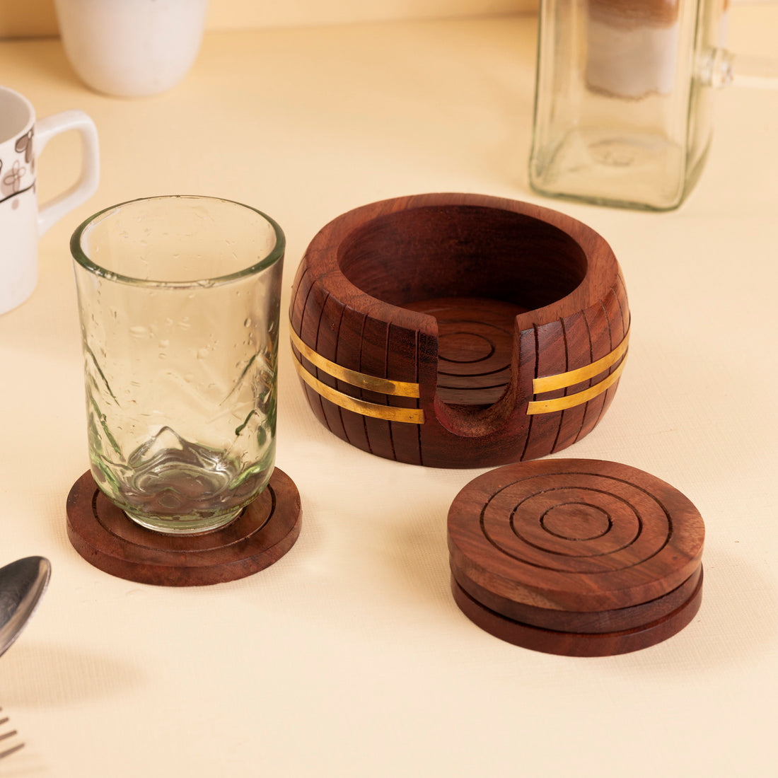 Sheesham Wood Coaster Set with Barrel-Style Holder – 6 Round Drink Coasters | Handcrafted & Water-Resistant