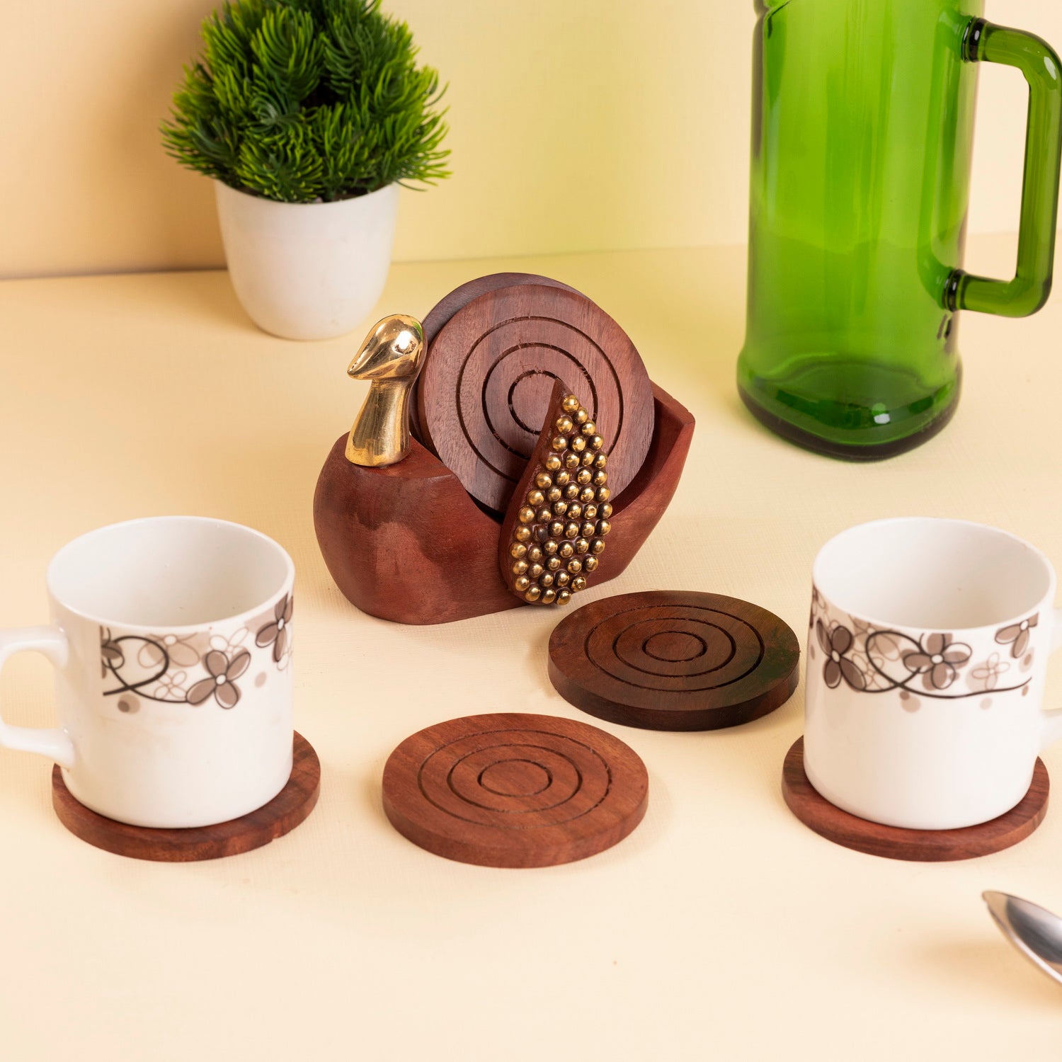 Handcrafted Wooden Duck Coaster Set – 6 Round Coasters with Holder | Natural Polish Finish