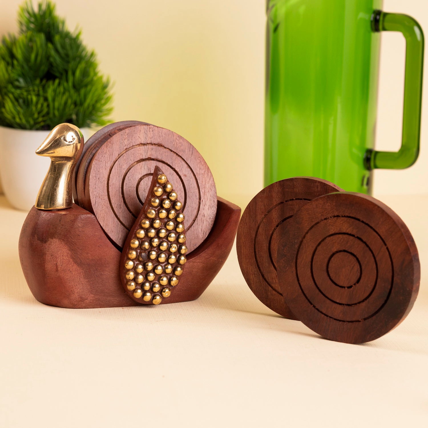 Handcrafted Wooden Duck Coaster Set – 6 Round Coasters with Holder | Natural Polish Finish