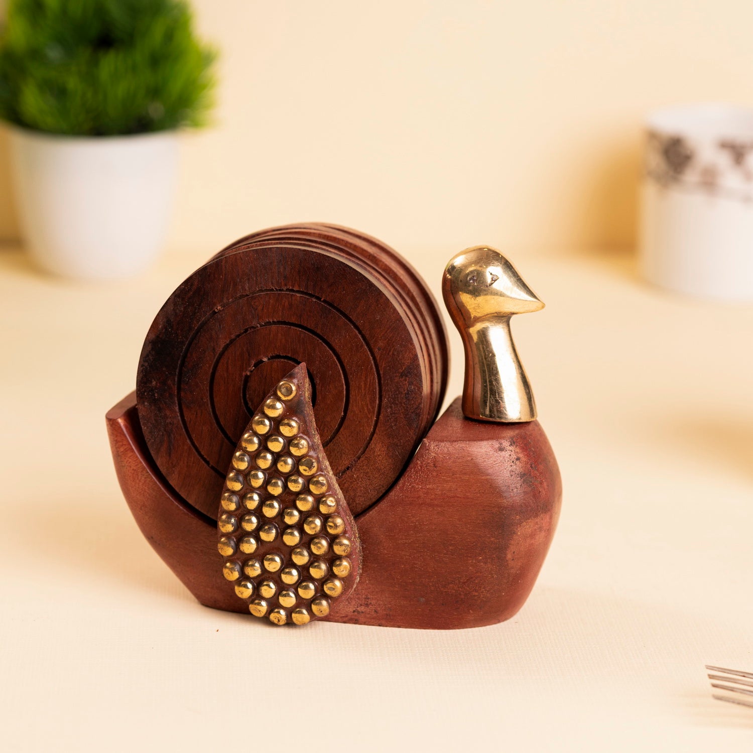 Handcrafted Wooden Duck Coaster Set – 6 Round Coasters with Holder | Natural Polish Finish