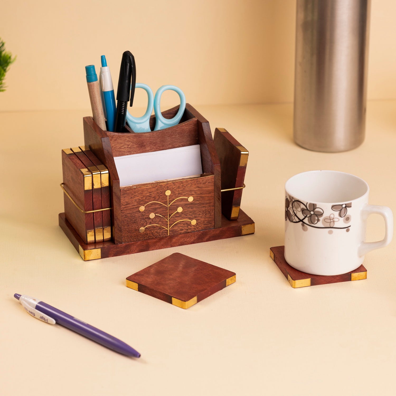 Handcrafted Sheesham Wood Coaster, Pen & Tissue Holder – Multifunctional Desk Organizer (9x9x16 cm)