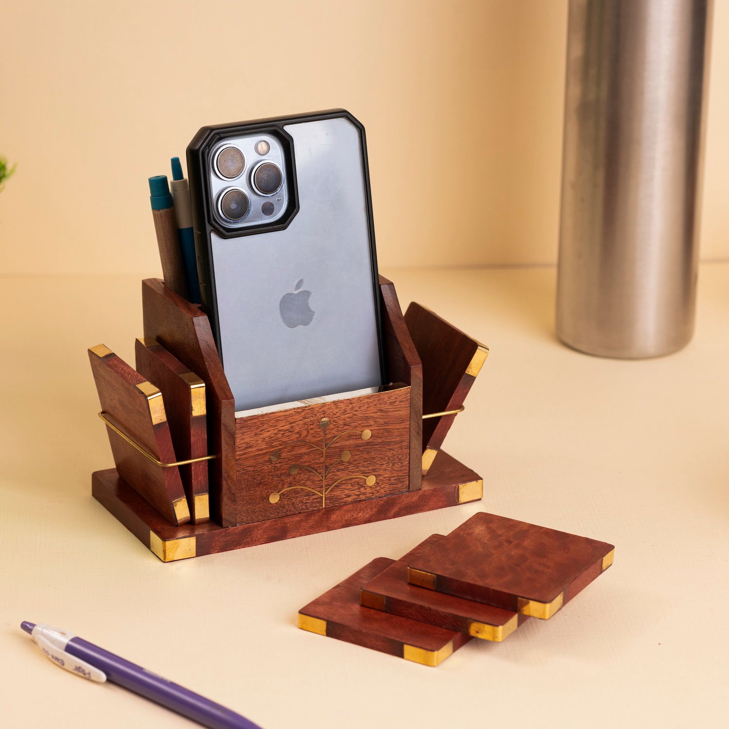 Handcrafted Sheesham Wood Coaster, Pen & Tissue Holder – Multifunctional Desk Organizer (9x9x16 cm)