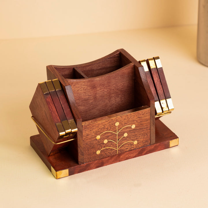 Handcrafted Sheesham Wood Coaster, Pen & Tissue Holder – Multifunctional Desk Organizer (9x9x16 cm)