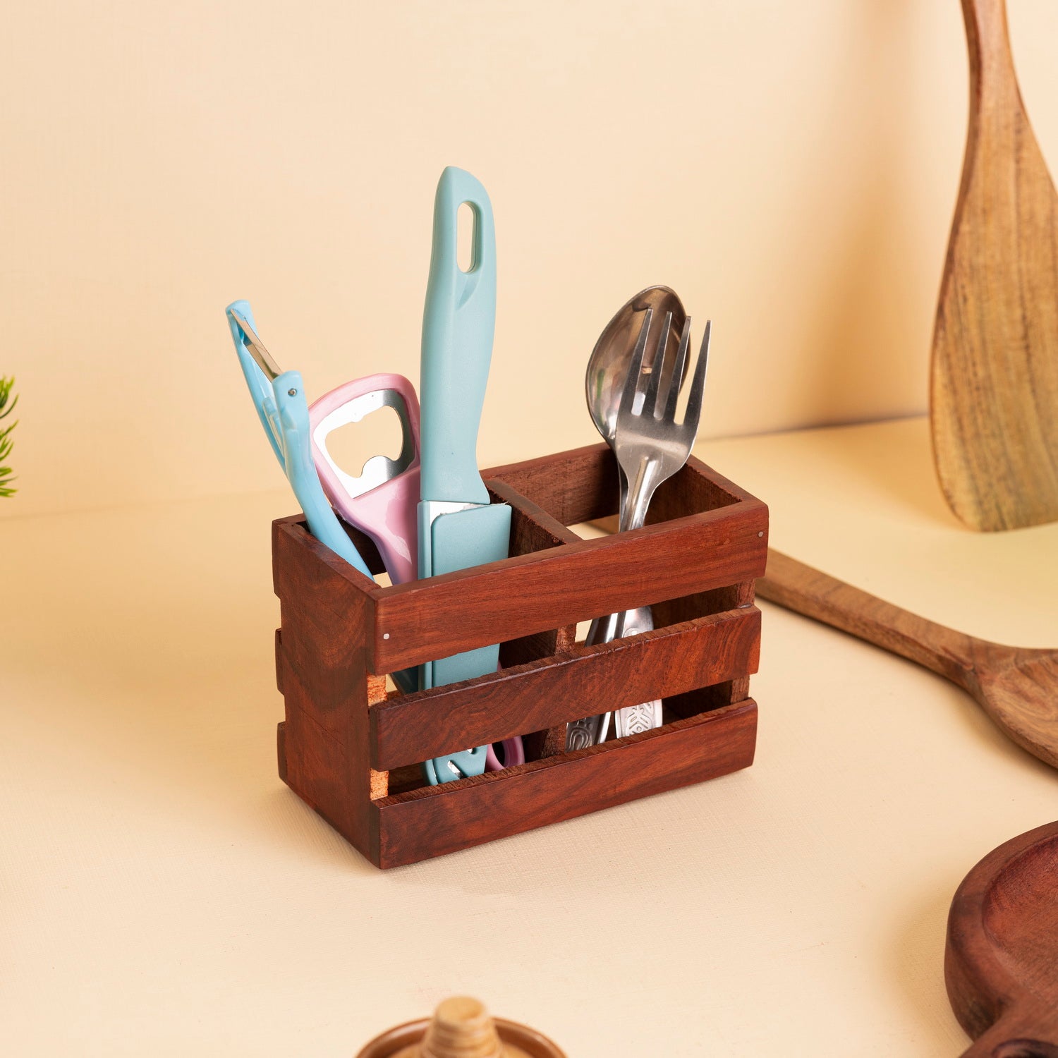 Sheesham Wood Cutlery & Napkin Holder – Rustic Tabletop Organizer for Kitchen & Dining Table