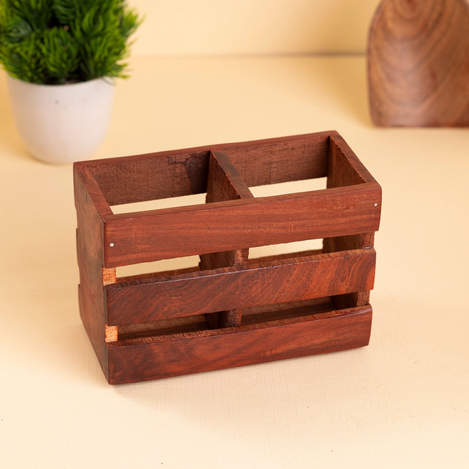 Sheesham Wood Cutlery & Napkin Holder – Rustic Tabletop Organizer for Kitchen & Dining Table