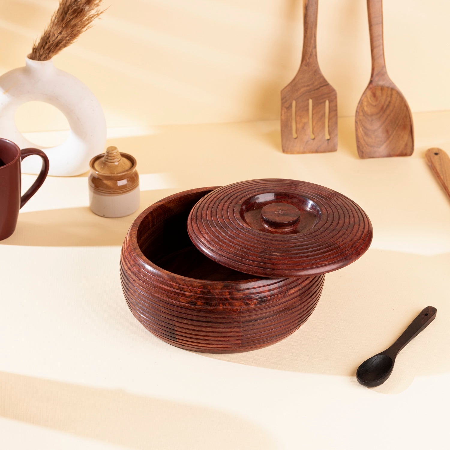 Handcrafted Sheesham Wood Roti Box with Lid – Rustic Chapati Server for Kitchen & Dining (1350 ML)
