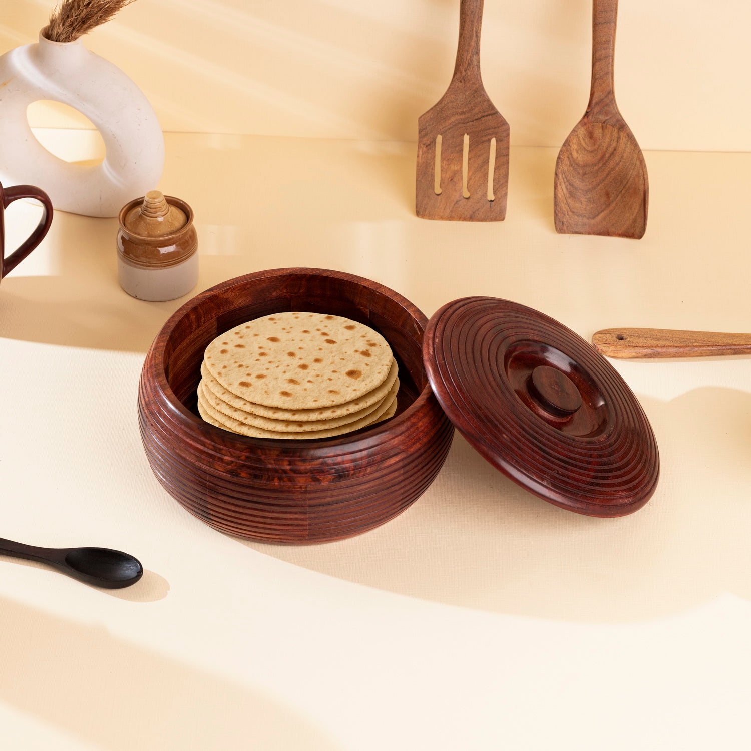 Handcrafted Sheesham Wood Roti Box with Lid – Rustic Chapati Server for Kitchen & Dining (1350 ML)