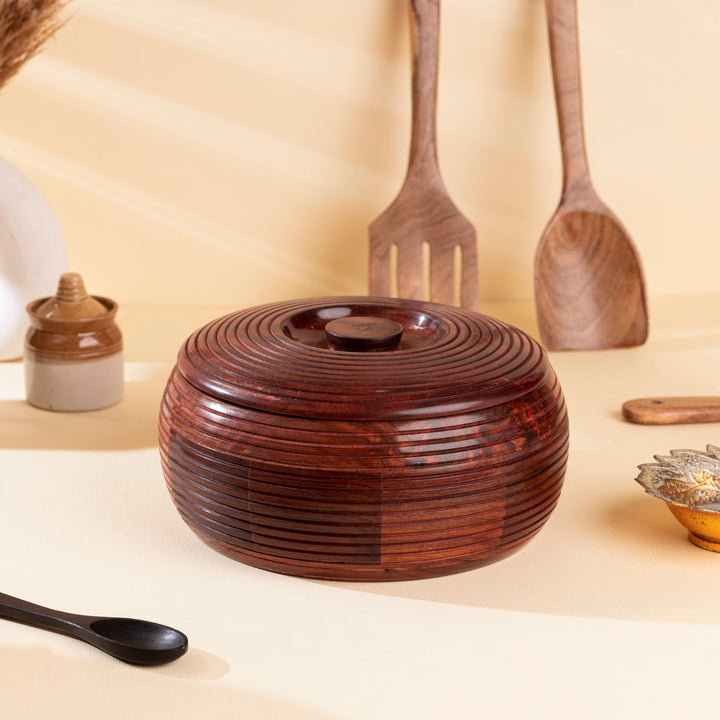 Handcrafted Sheesham Wood Roti Box with Lid – Rustic Chapati Server for Kitchen & Dining (1350 ML)