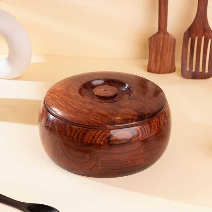 Handcrafted Sheesham Wood Roti Box with Lid – 1000 ml | Wooden Chapati Storage Container