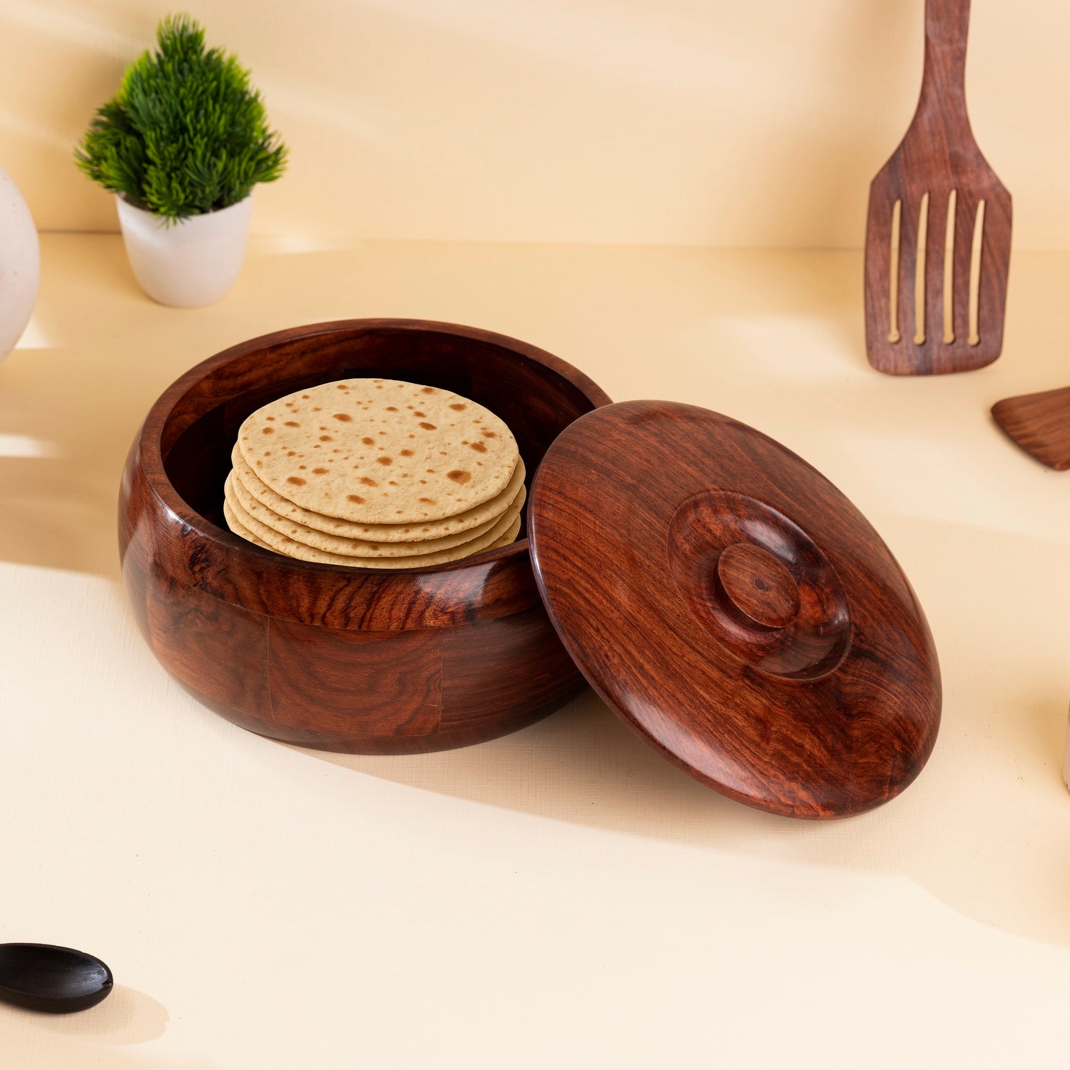 Handcrafted Sheesham Wood Roti Box with Lid – 1000 ml | Wooden Chapati Storage Container