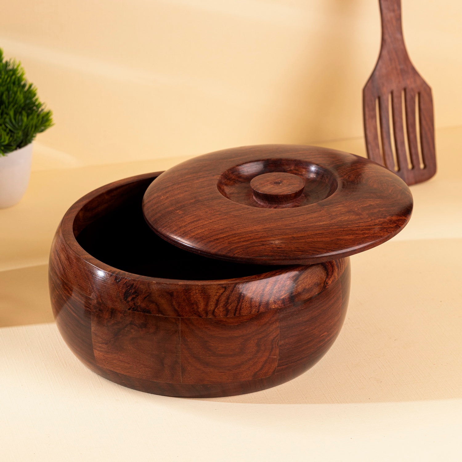 Handcrafted Sheesham Wood Roti Box with Lid – 1000 ml | Wooden Chapati Storage Container